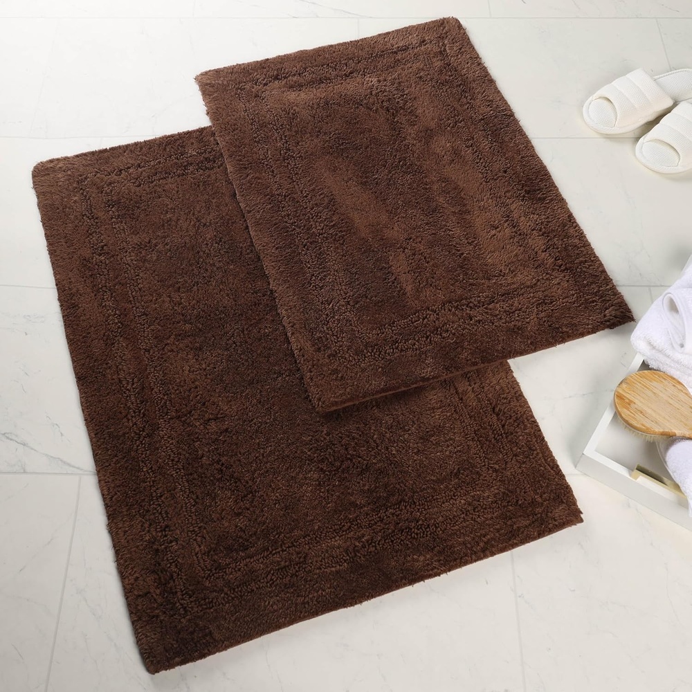 image:imageSuperior NonSlip 2 Piece Bath Rug Set Ultra Plush Soft and Absorbent 100 Combed Cotton Pile  Traditional Oval Bath Mat Set Forest GreenChocolate