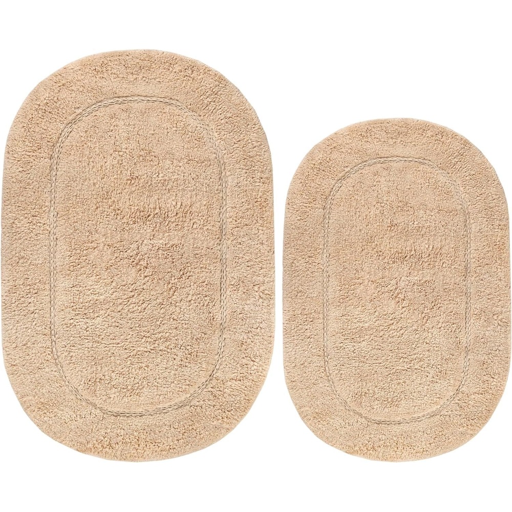 image:imageSuperior NonSlip 2 Piece Bath Rug Set Ultra Plush Soft and Absorbent 100 Combed Cotton Pile  Traditional Oval Bath Mat Set Forest GreenIvory  Oval