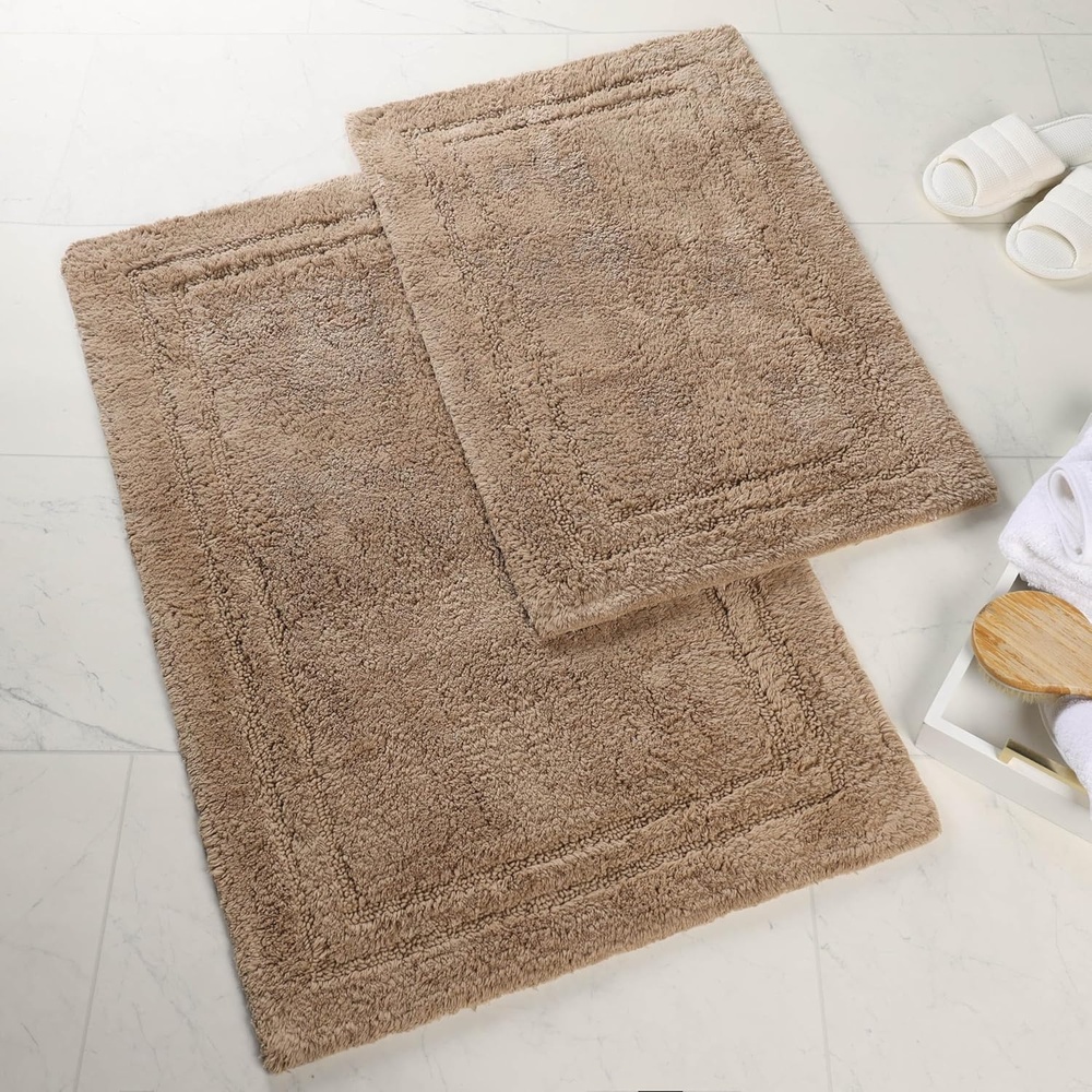 image:imageSuperior NonSlip 2 Piece Bath Rug Set Ultra Plush Soft and Absorbent 100 Combed Cotton Pile  Traditional Oval Bath Mat Set Forest GreenLatte