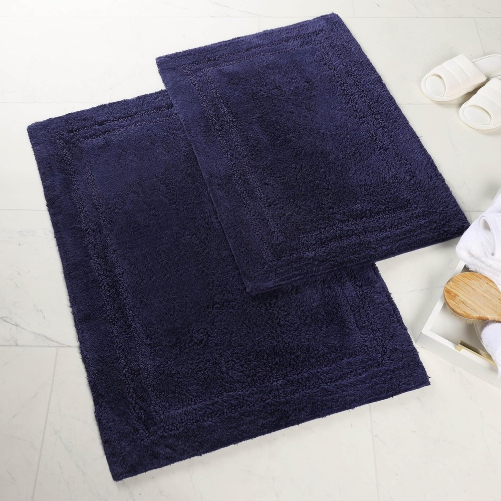 image:imageSuperior NonSlip 2 Piece Bath Rug Set Ultra Plush Soft and Absorbent 100 Combed Cotton Pile  Traditional Oval Bath Mat Set Forest GreenNavy Blue