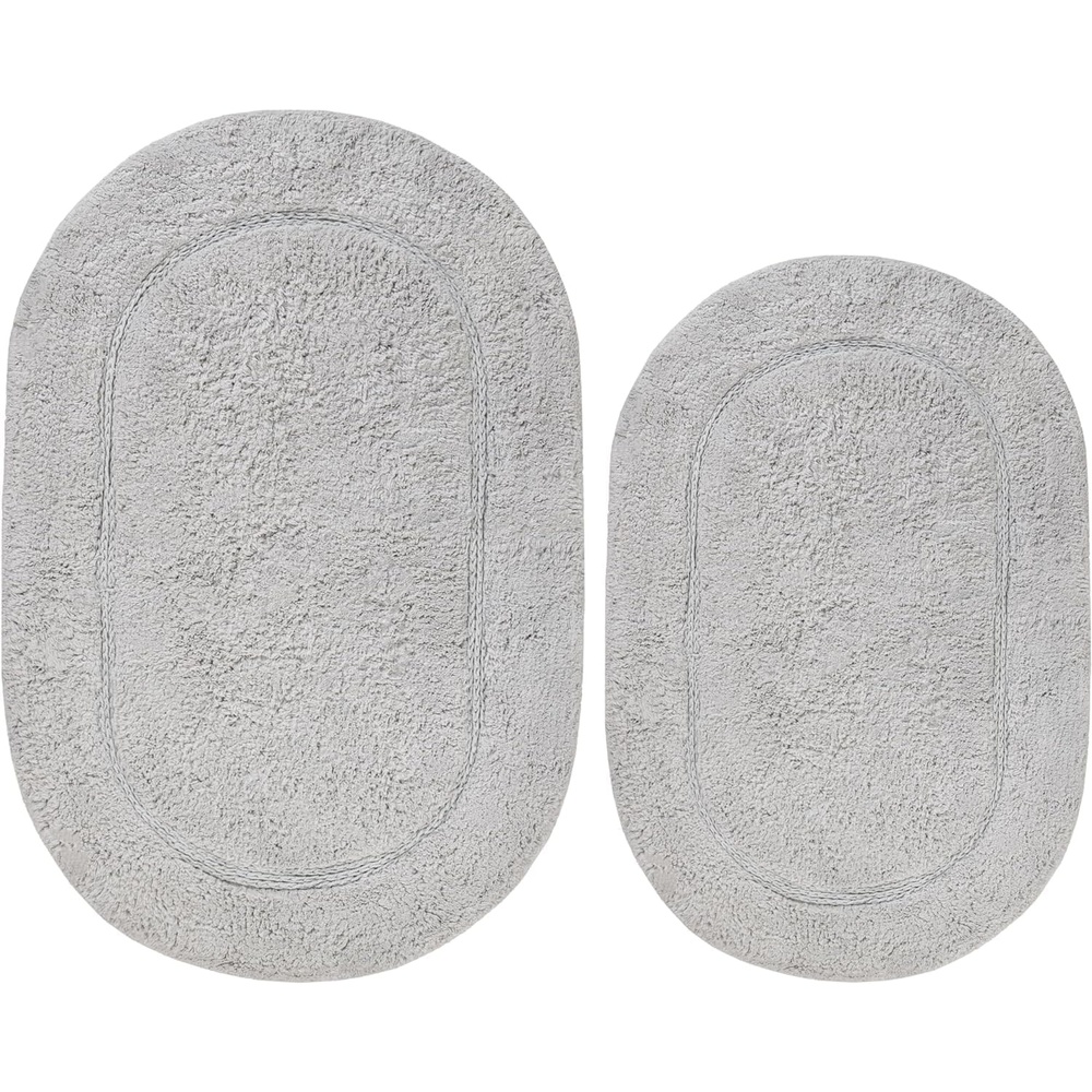 image:imageSuperior NonSlip 2 Piece Bath Rug Set Ultra Plush Soft and Absorbent 100 Combed Cotton Pile  Traditional Oval Bath Mat Set Forest GreenSilver  Oval