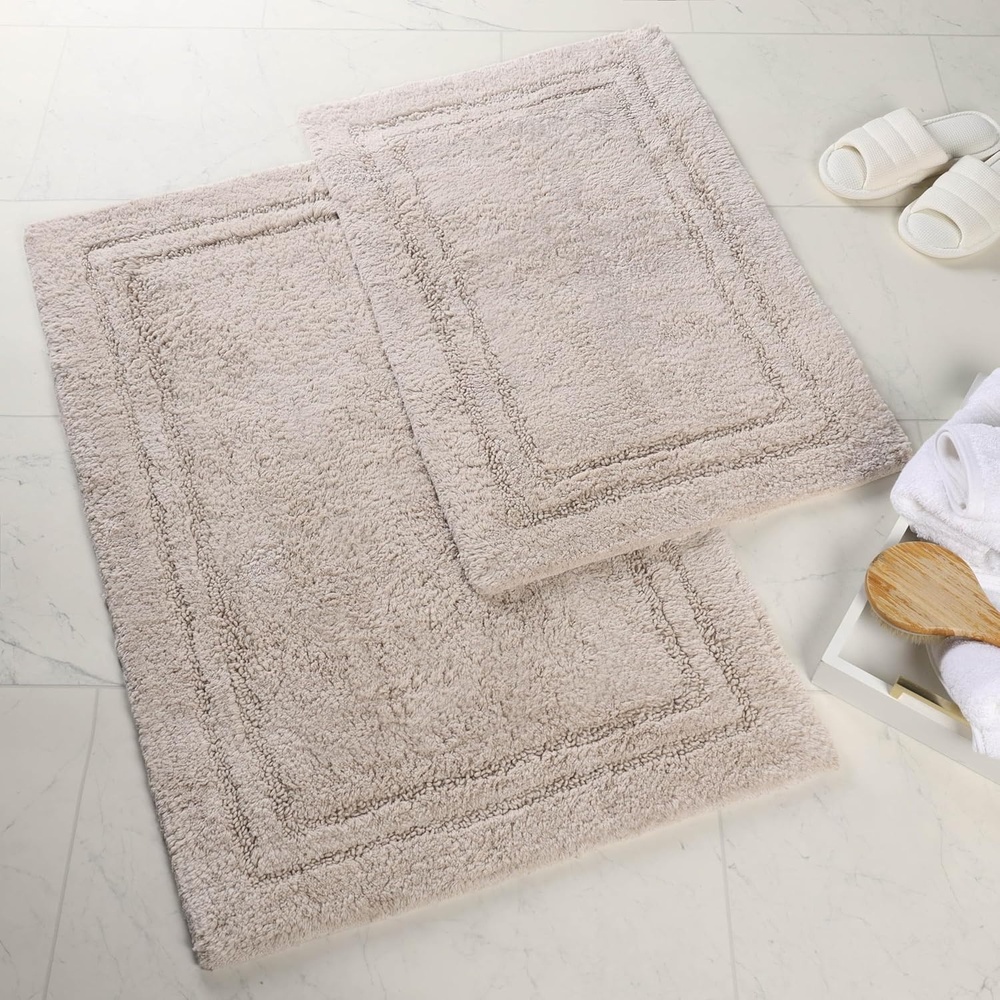 image:imageSuperior NonSlip 2 Piece Bath Rug Set Ultra Plush Soft and Absorbent 100 Combed Cotton Pile  Traditional Oval Bath Mat Set Forest GreenStone