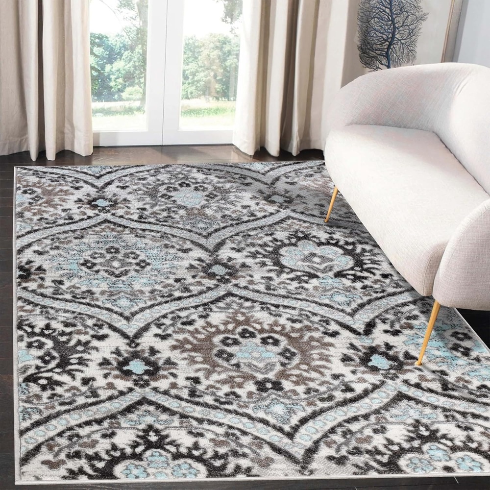 image:imageSuperior Indoor Area Rug Jute Backed Modern Oriental Floral Damask Floor Decor for Office Living Room Bedroom Entryway DiningKitchen Hardwood Tile Augusta Collection 3 x 5 Turquoise