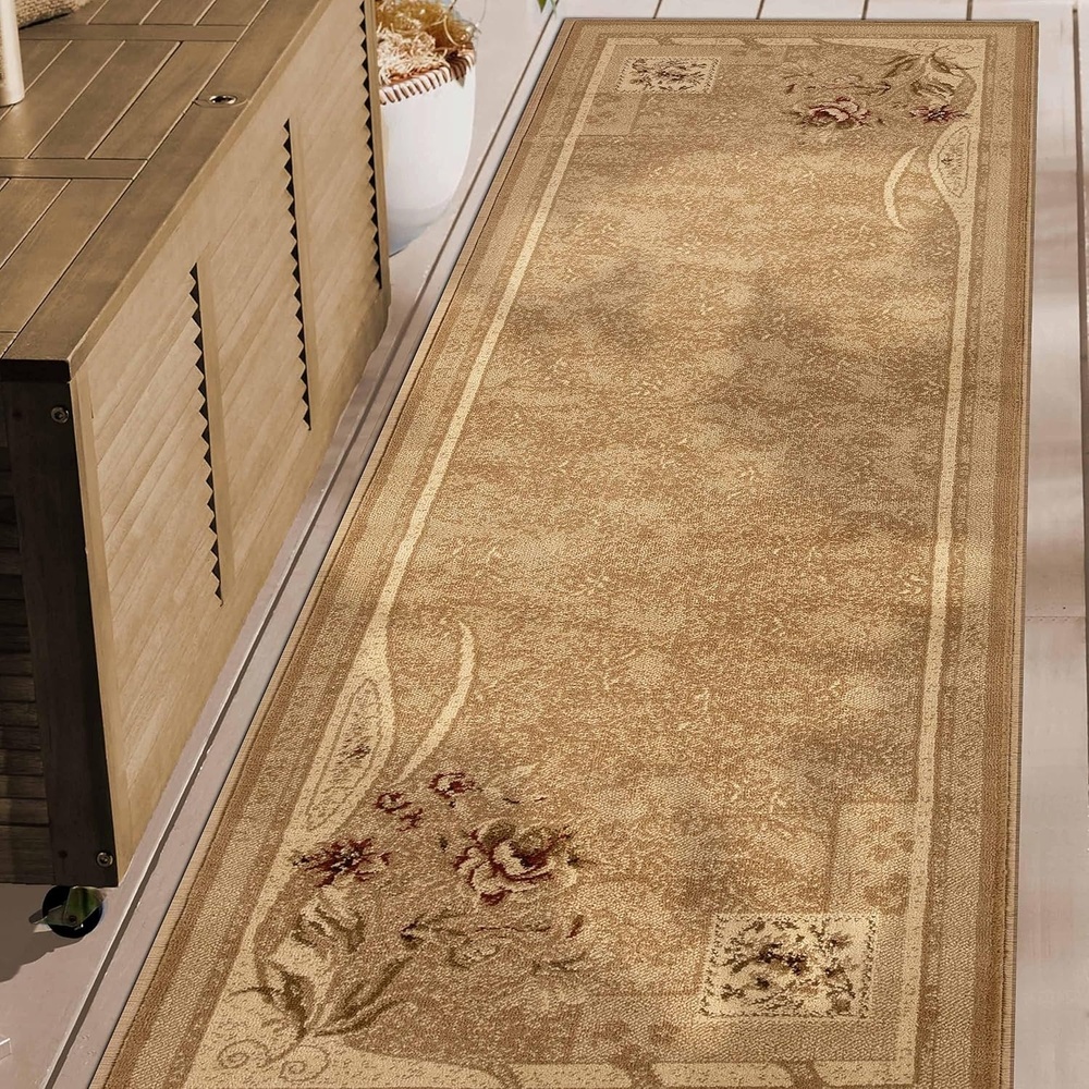 image:imageSuperior Indoor Area Rug Jute Backing Traditional Farmhouse Floral Block Ideal for Entryway Living Room Kitchen Bedroom Hallway Floor Cover Ruban Collection 5 x 8 TaupeBrown  Z