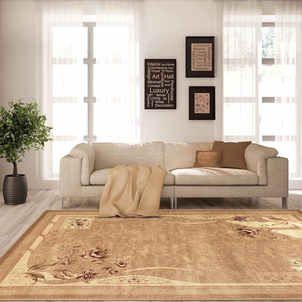image:imageSuperior Indoor Area Rug Jute Backing Traditional Farmhouse Floral Block Ideal for Entryway Living Room Kitchen Bedroom Hallway Floor Cover Ruban Collection 5 x 8 TaupeBrown