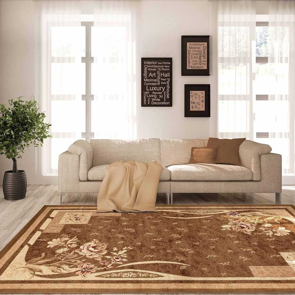 image:imageSuperior Indoor Area Rug Jute Backing Traditional Farmhouse Floral Block Ideal for Entryway Living Room Kitchen Bedroom Hallway Floor Cover Ruban Collection 5 x 8 TaupeBeige Brown