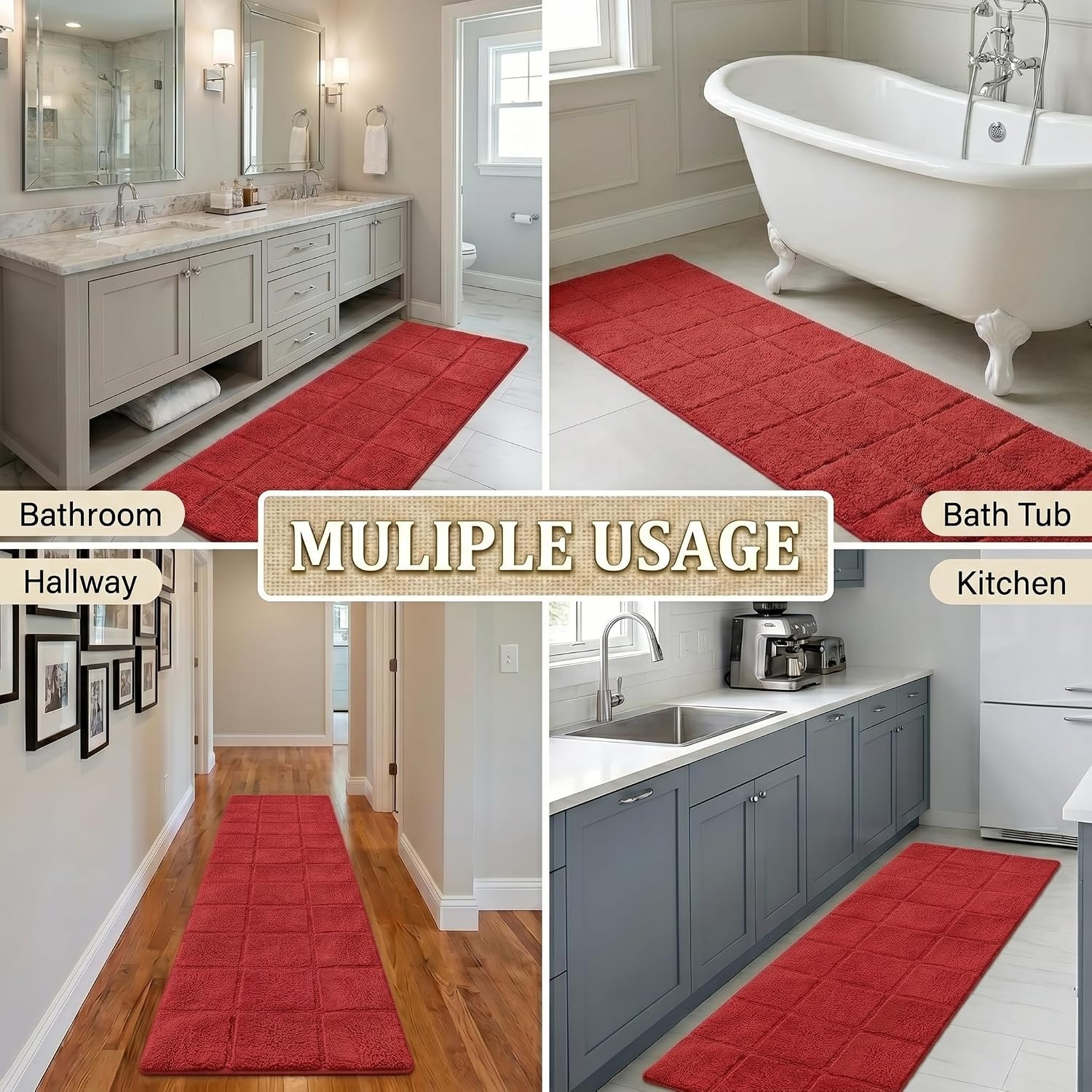 image:imageSuperior Cotton Washable Bath Rug Non Slip Runner 1 Piece Set Burgundy Absorbent Combed Cotton Bath Rug Runner or Rug Set Bathroom Vanity or Kitchen Sink Includes One 2 x 5 Feet Checkered Runner