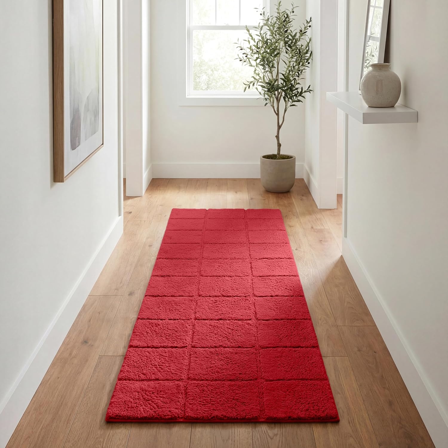 image:imageSuperior Cotton Washable Bath Rug Non Slip Runner 1 Piece Set Burgundy Absorbent Combed Cotton Bath Rug Runner or Rug Set Bathroom Vanity or Kitchen Sink Includes One 2 x 5 Feet Checkered Runner