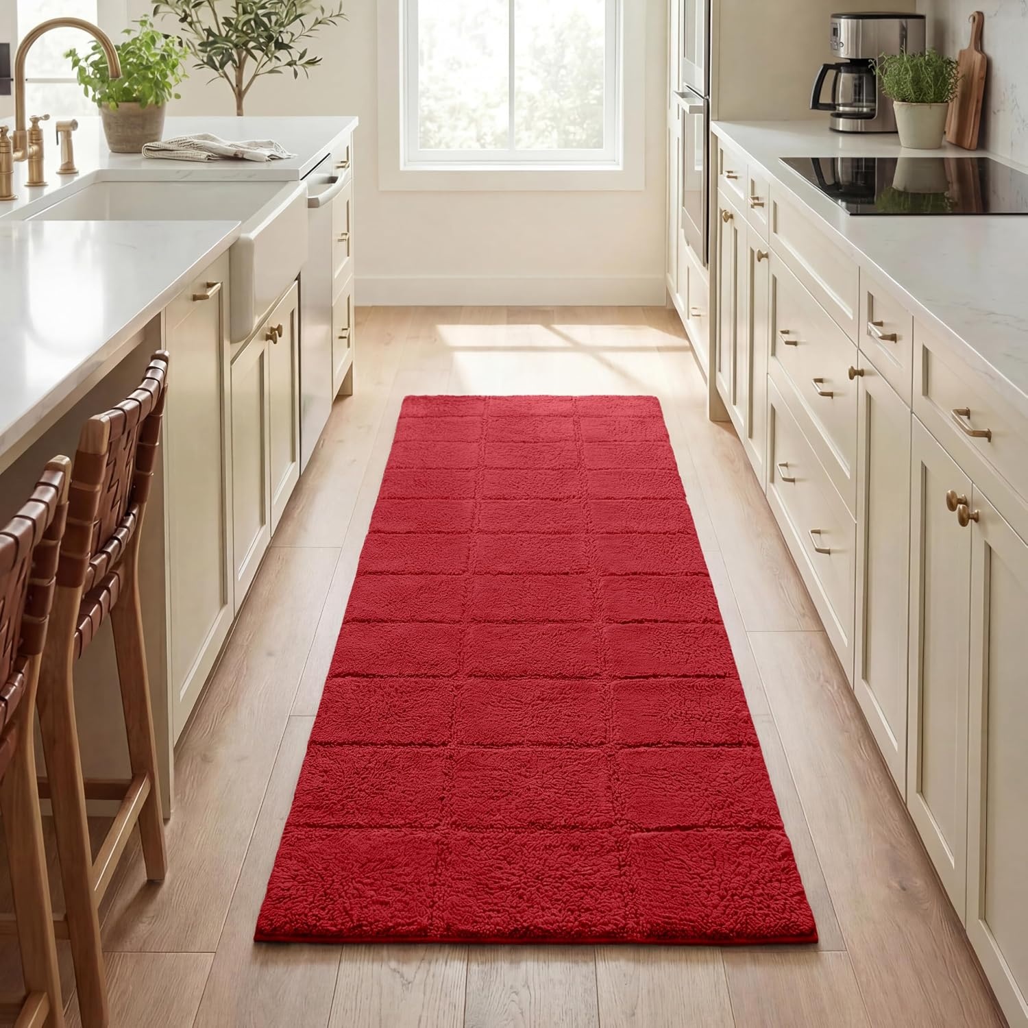 image:imageSuperior Cotton Washable Bath Rug Non Slip Runner 1 Piece Set Burgundy Absorbent Combed Cotton Bath Rug Runner or Rug Set Bathroom Vanity or Kitchen Sink Includes One 2 x 5 Feet Checkered Runner
