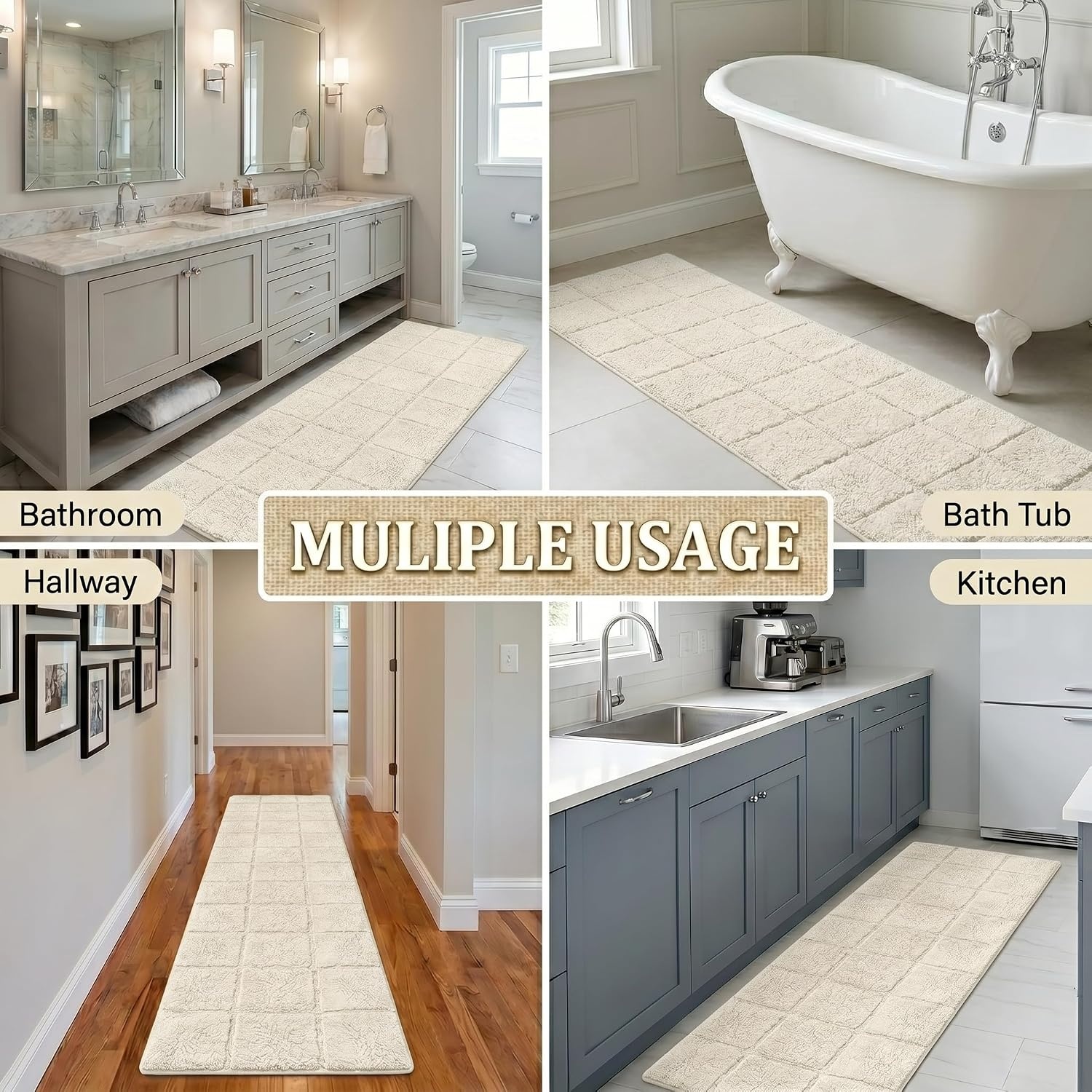 image:imageSuperior Cotton Washable Bath Rug Non Slip Runner 1 Piece Set Ivory Absorbent Combed Cotton Bath Rug Runner or Rug Set Bathroom Vanity or Kitchen Sink Includes One 2 x 5 Feet Checkered Runner