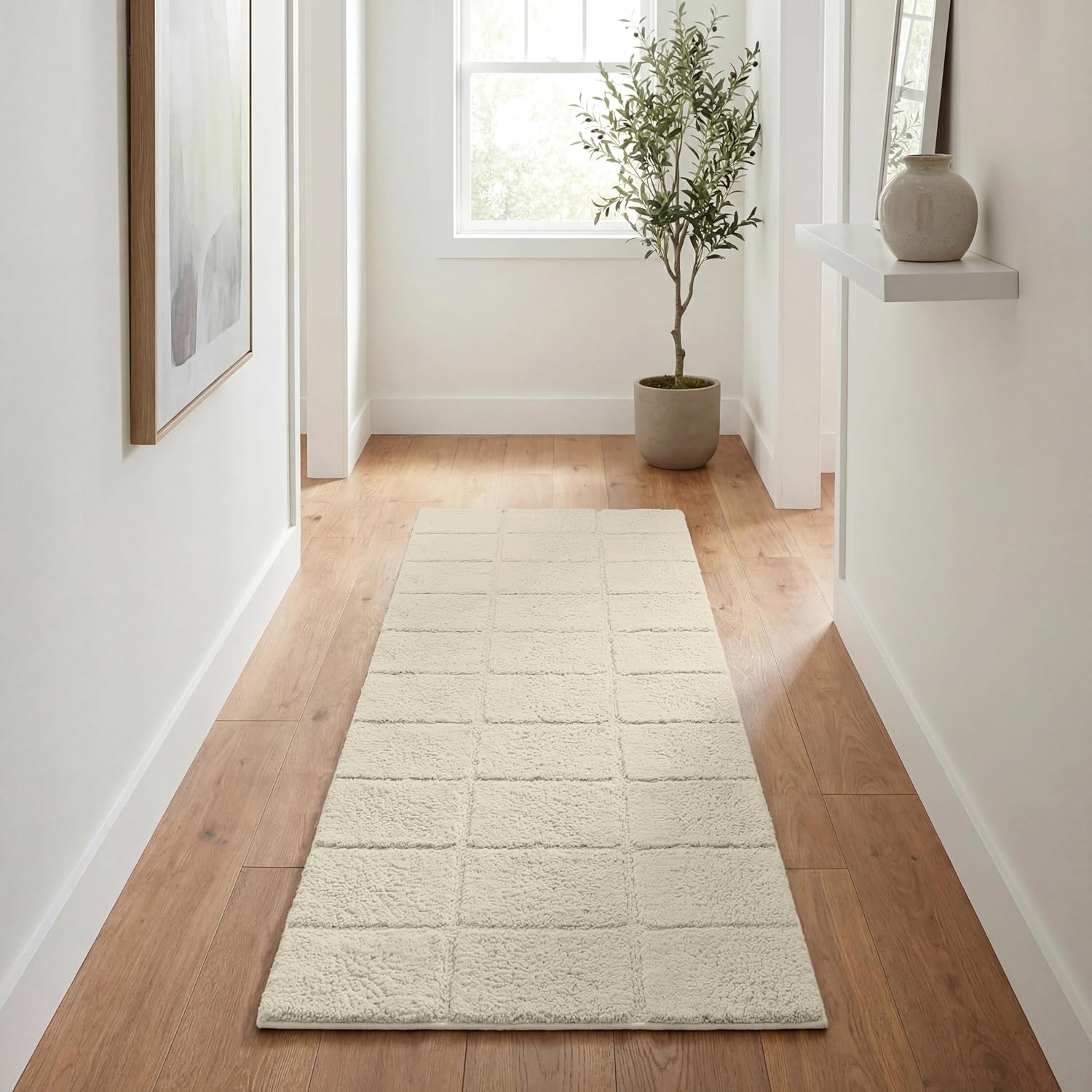 image:imageSuperior Cotton Washable Bath Rug Non Slip Runner 1 Piece Set Ivory Absorbent Combed Cotton Bath Rug Runner or Rug Set Bathroom Vanity or Kitchen Sink Includes One 2 x 5 Feet Checkered Runner