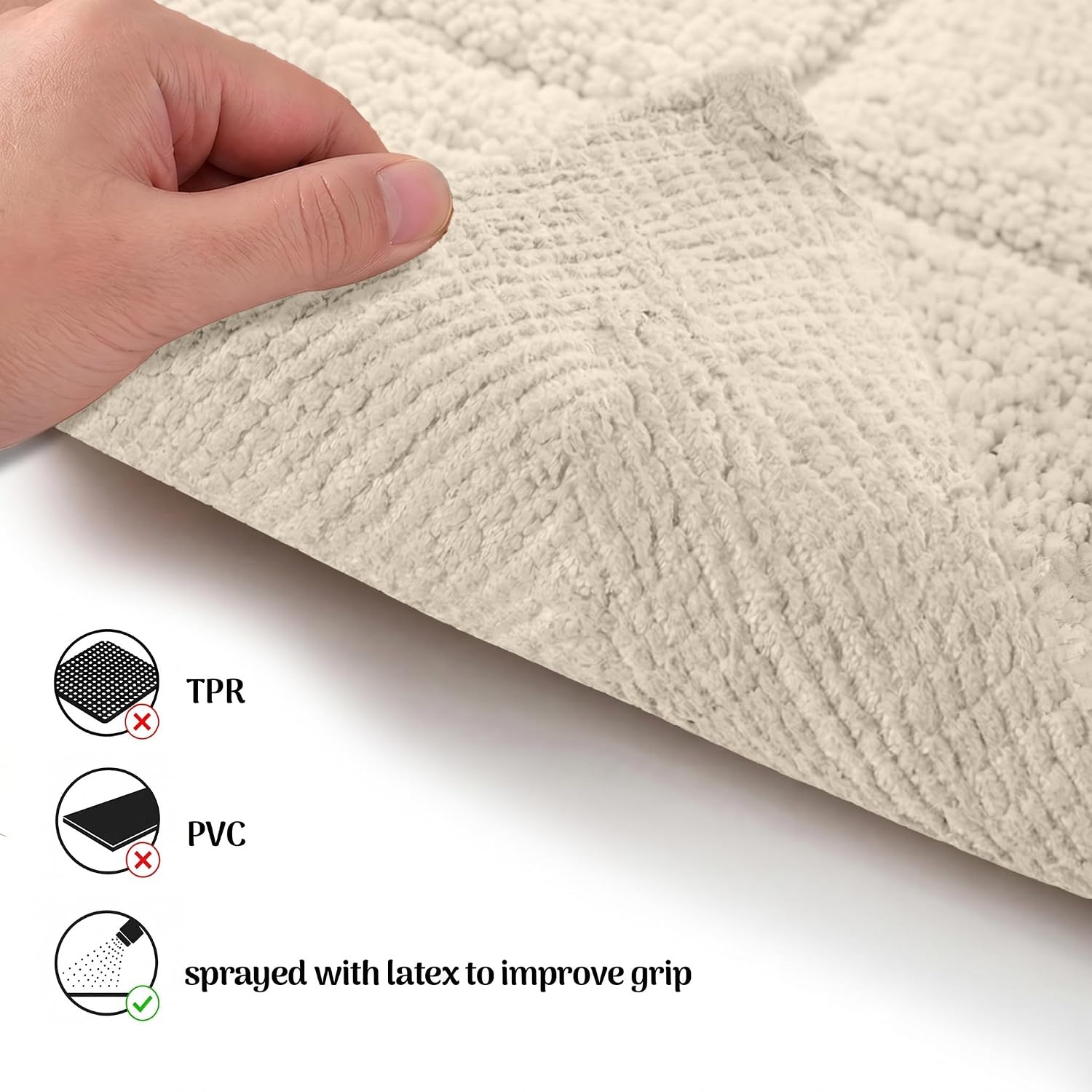 image:imageSuperior Cotton Washable Bath Rug Non Slip Runner 1 Piece Set Ivory Absorbent Combed Cotton Bath Rug Runner or Rug Set Bathroom Vanity or Kitchen Sink Includes One 2 x 5 Feet Checkered Runner