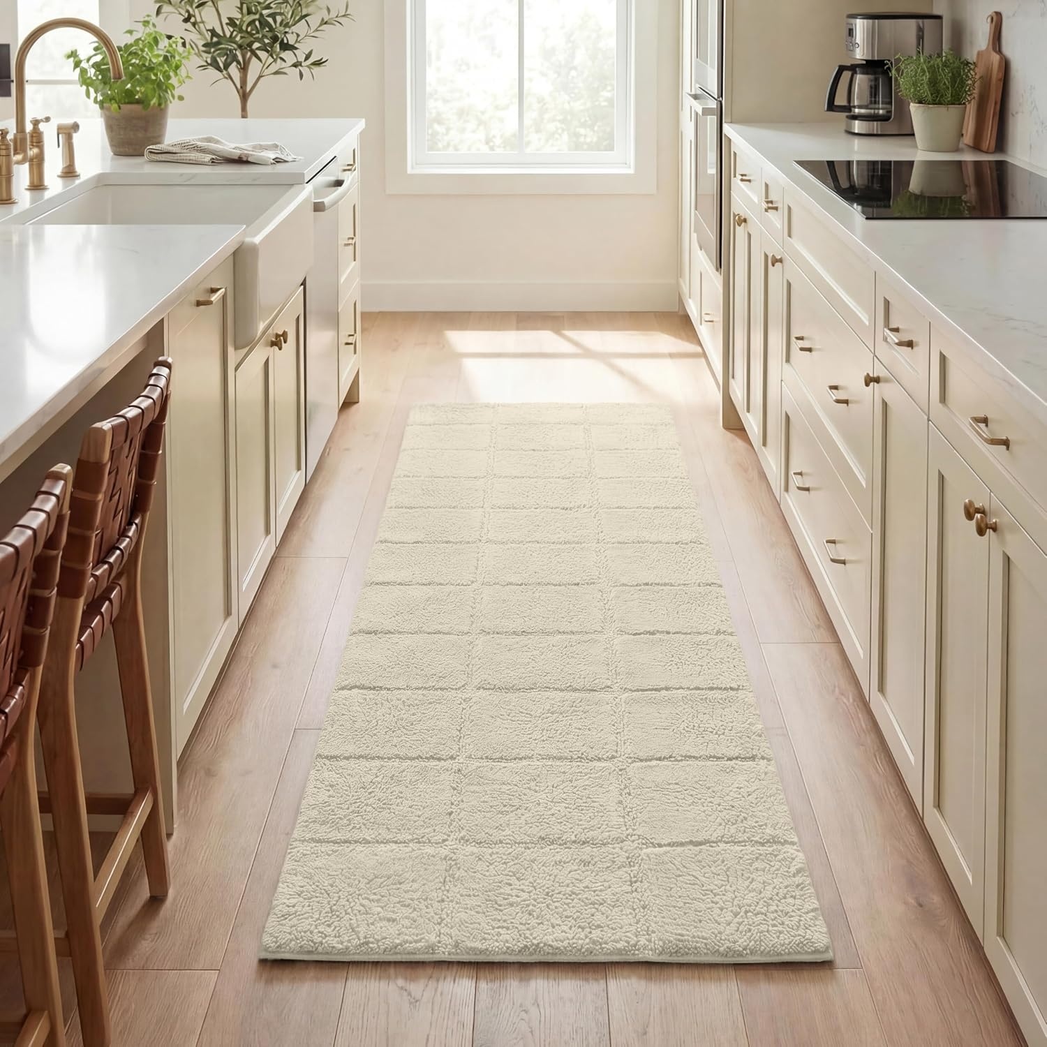image:imageSuperior Cotton Washable Bath Rug Non Slip Runner 1 Piece Set Ivory Absorbent Combed Cotton Bath Rug Runner or Rug Set Bathroom Vanity or Kitchen Sink Includes One 2 x 5 Feet Checkered Runner