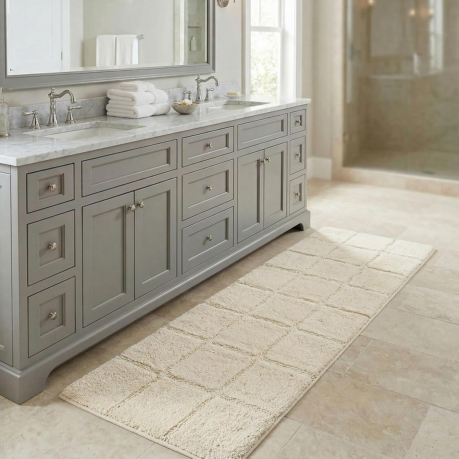 image:imageSuperior Cotton Washable Bath Rug Non Slip Runner 1 Piece Set Ivory Absorbent Combed Cotton Bath Rug Runner or Rug Set Bathroom Vanity or Kitchen Sink Includes One 2 x 5 Feet Checkered Runner
