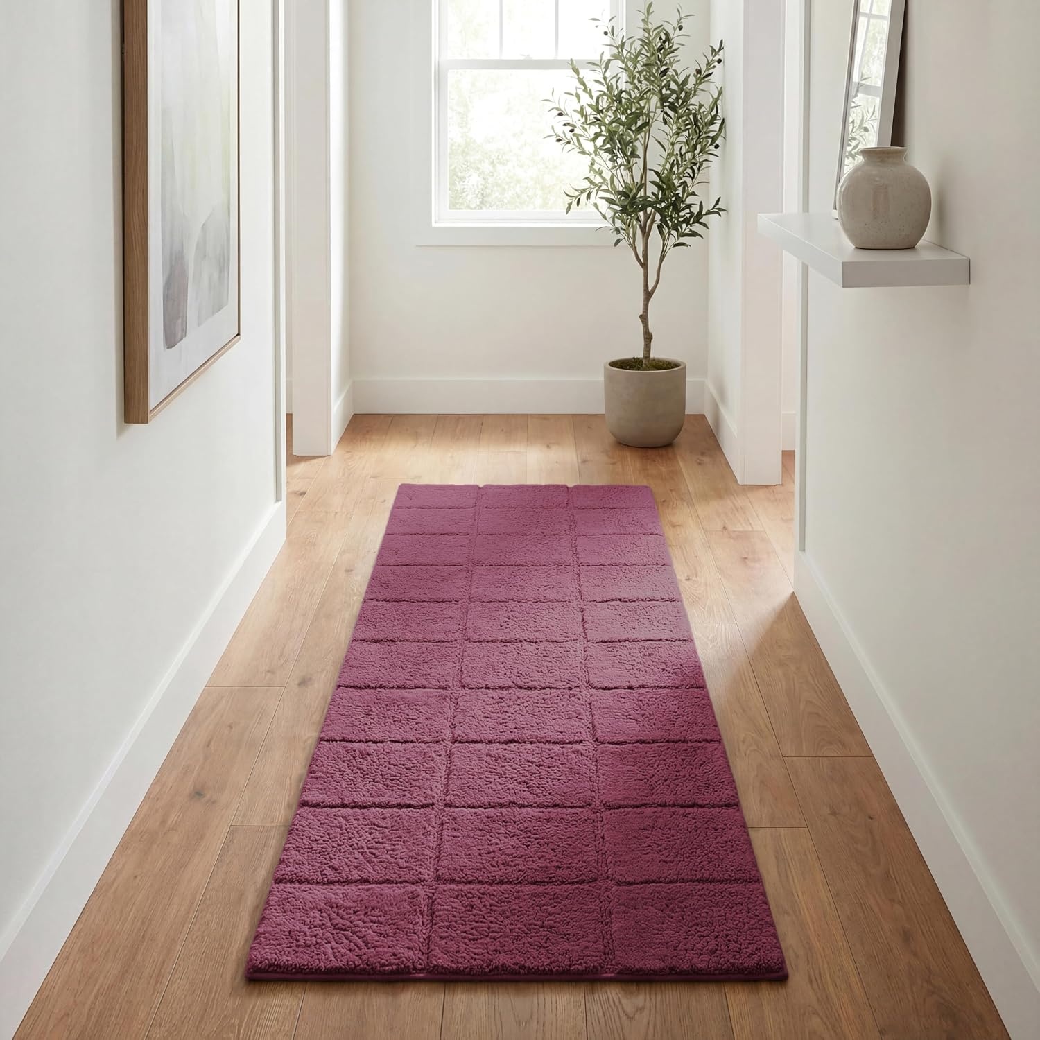 image:imageSuperior Cotton Washable Bath Rug Non Slip Runner 1 Piece Set Plum Absorbent Combed Cotton Bath Rug Runner or Rug Set Bathroom Vanity or Kitchen Sink Includes One 2 x 5 Feet Checkered Runner