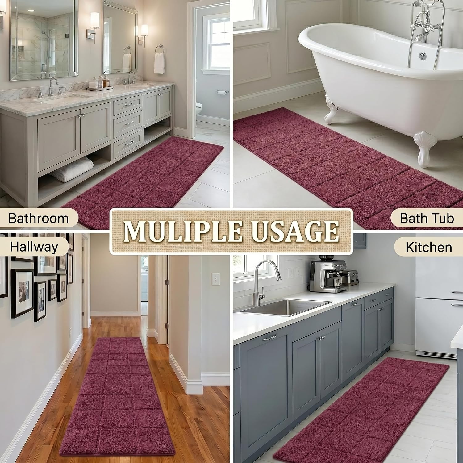 image:imageSuperior Cotton Washable Bath Rug Non Slip Runner 1 Piece Set Plum Absorbent Combed Cotton Bath Rug Runner or Rug Set Bathroom Vanity or Kitchen Sink Includes One 2 x 5 Feet Checkered Runner