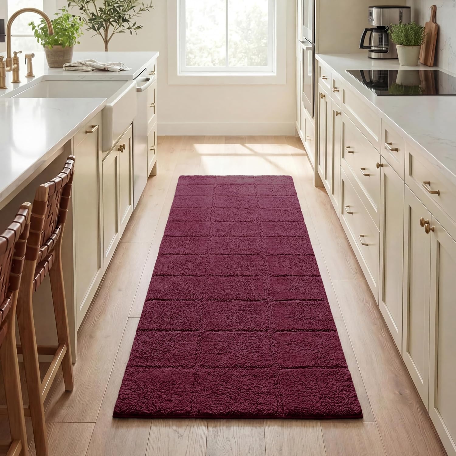 image:imageSuperior Cotton Washable Bath Rug Non Slip Runner 1 Piece Set Plum Absorbent Combed Cotton Bath Rug Runner or Rug Set Bathroom Vanity or Kitchen Sink Includes One 2 x 5 Feet Checkered Runner