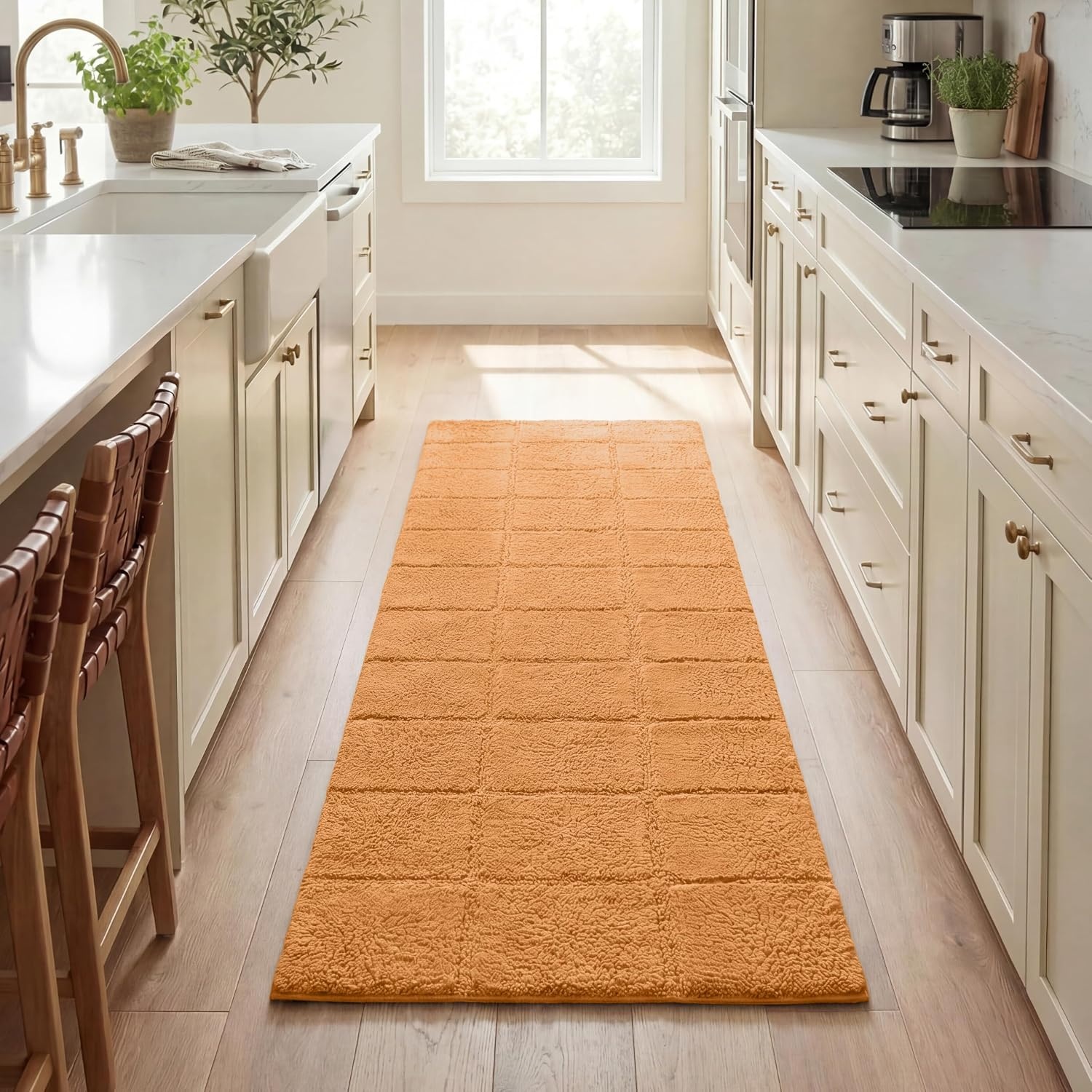 image:imageSuperior Cotton Washable Bath Rug Non Slip Runner 1 Piece Set Rust Absorbent Combed Cotton Bath Rug Runner or Rug Set Bathroom Vanity or Kitchen Sink Includes One 2 x 5 Feet Checkered Runner
