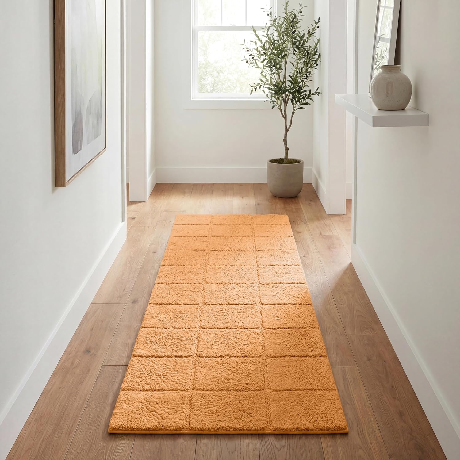 image:imageSuperior Cotton Washable Bath Rug Non Slip Runner 1 Piece Set Rust Absorbent Combed Cotton Bath Rug Runner or Rug Set Bathroom Vanity or Kitchen Sink Includes One 2 x 5 Feet Checkered Runner