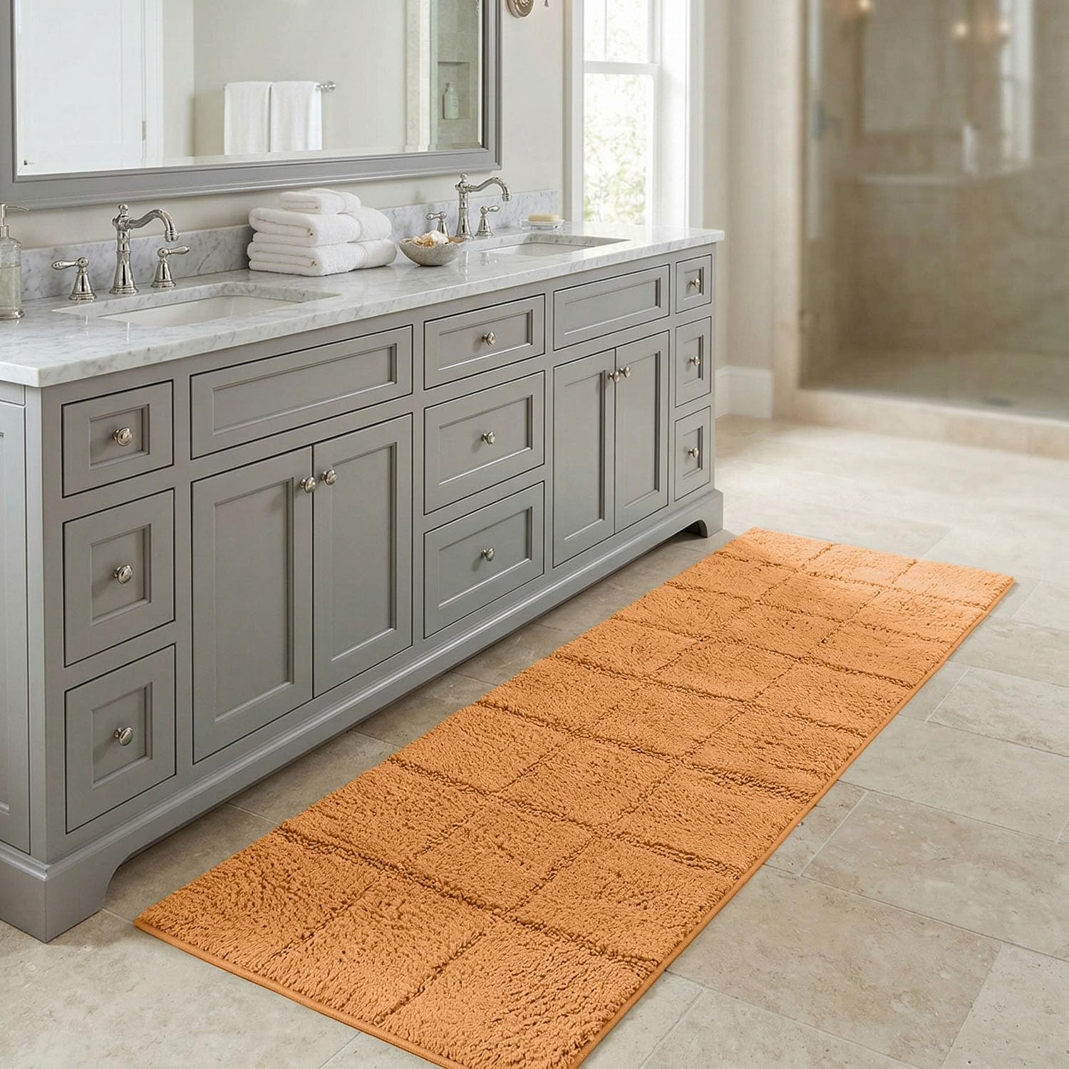image:imageSuperior Cotton Washable Bath Rug Non Slip Runner 1 Piece Set Rust Absorbent Combed Cotton Bath Rug Runner or Rug Set Bathroom Vanity or Kitchen Sink Includes One 2 x 5 Feet Checkered Runner