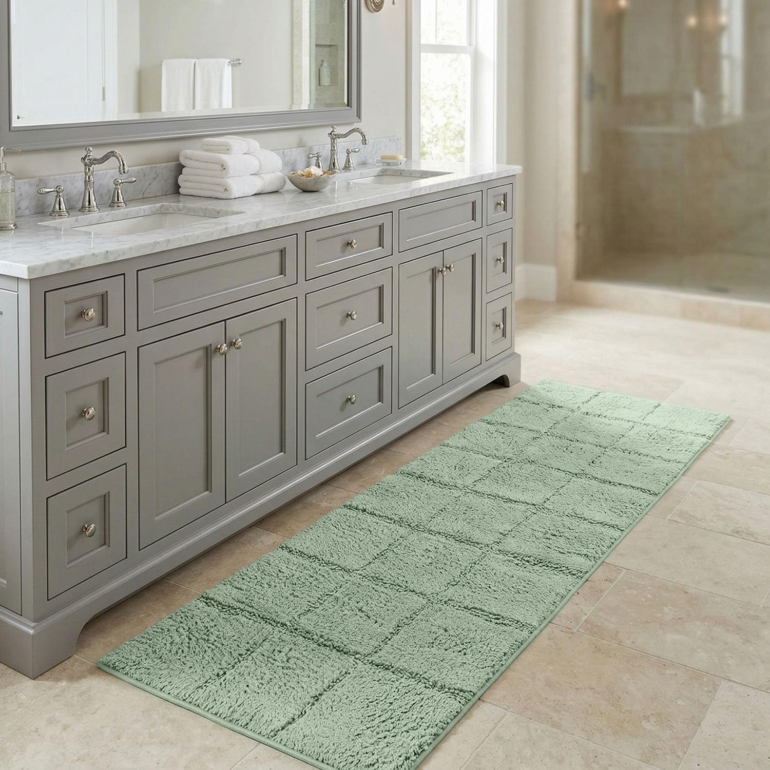 image:imageSuperior Cotton Washable Bath Rug Non Slip Runner 1 Piece Set Sage Absorbent Combed Cotton Bath Rug Runner or Rug Set Bathroom Vanity or Kitchen Sink Includes One 2 x 5 Feet Checkered Runner
