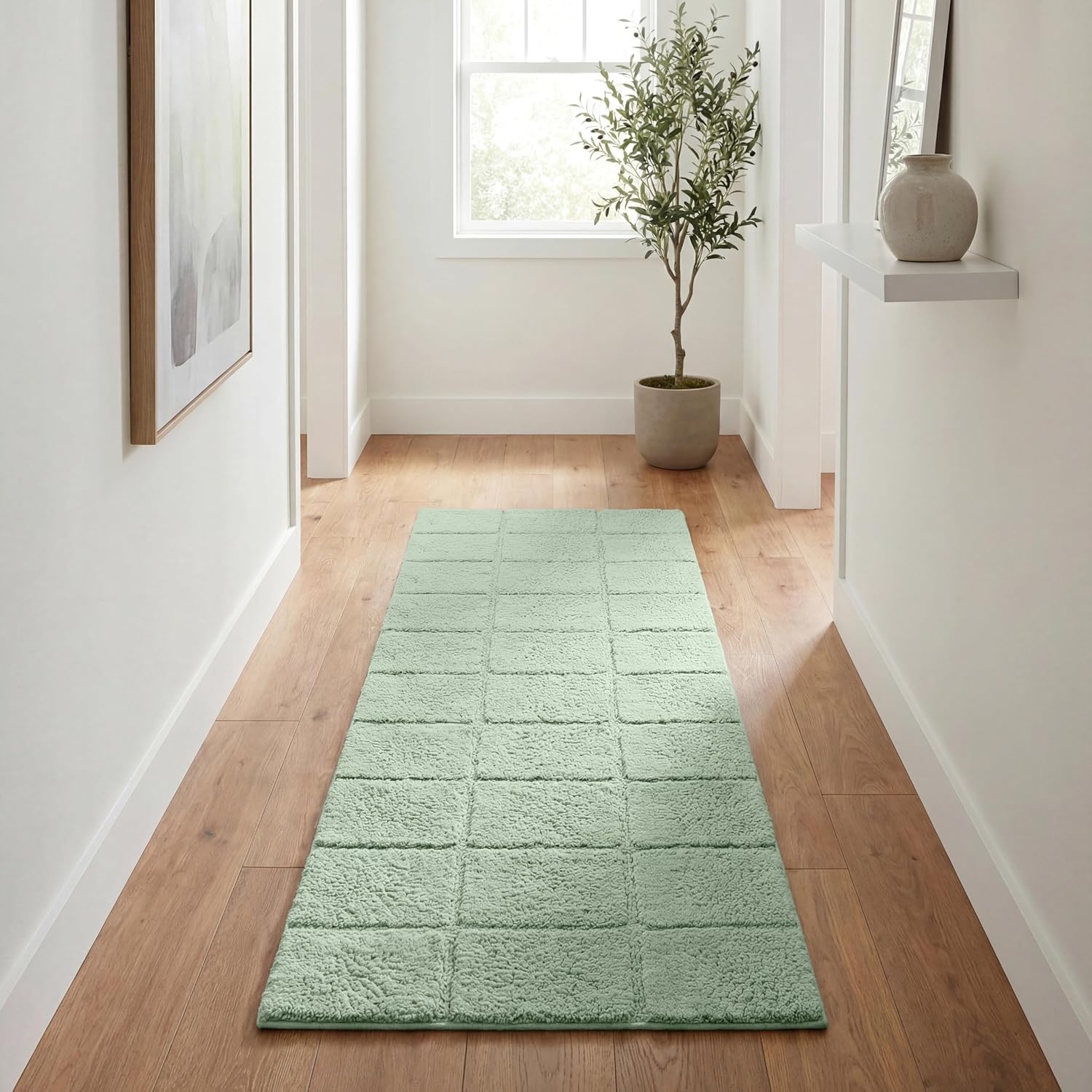 image:imageSuperior Cotton Washable Bath Rug Non Slip Runner 1 Piece Set Sage Absorbent Combed Cotton Bath Rug Runner or Rug Set Bathroom Vanity or Kitchen Sink Includes One 2 x 5 Feet Checkered Runner