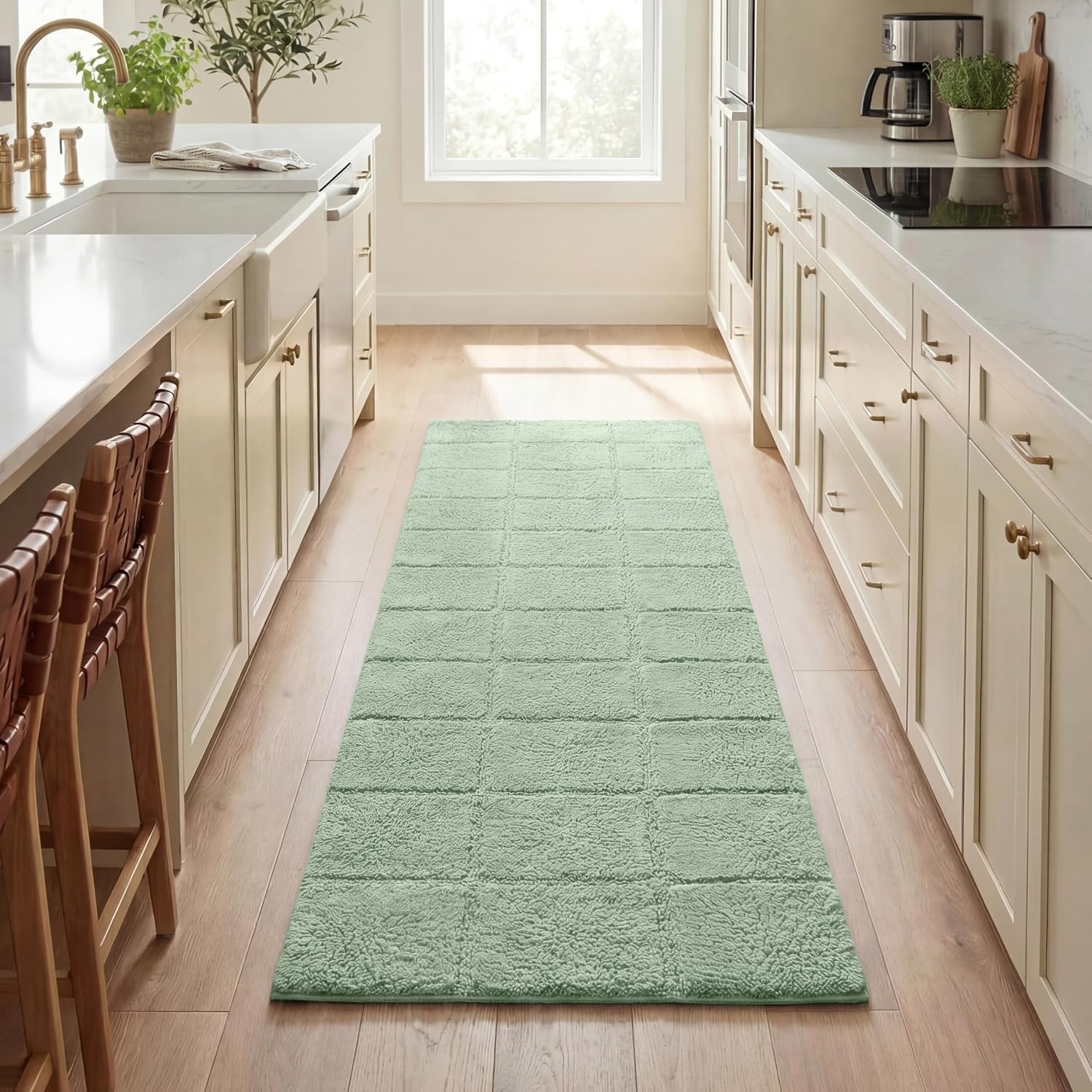 image:imageSuperior Cotton Washable Bath Rug Non Slip Runner 1 Piece Set Sage Absorbent Combed Cotton Bath Rug Runner or Rug Set Bathroom Vanity or Kitchen Sink Includes One 2 x 5 Feet Checkered Runner
