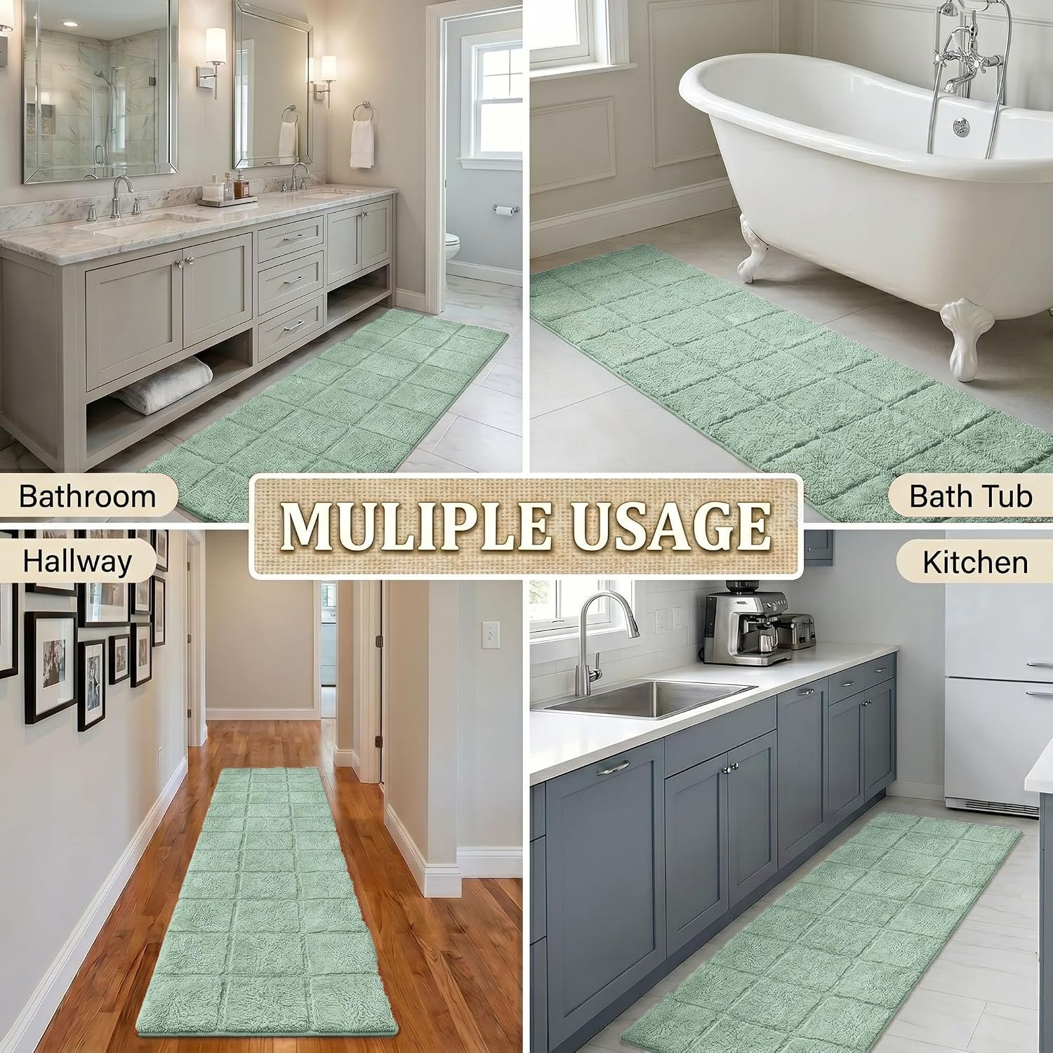 image:imageSuperior Cotton Washable Bath Rug Non Slip Runner 1 Piece Set Sage Absorbent Combed Cotton Bath Rug Runner or Rug Set Bathroom Vanity or Kitchen Sink Includes One 2 x 5 Feet Checkered Runner