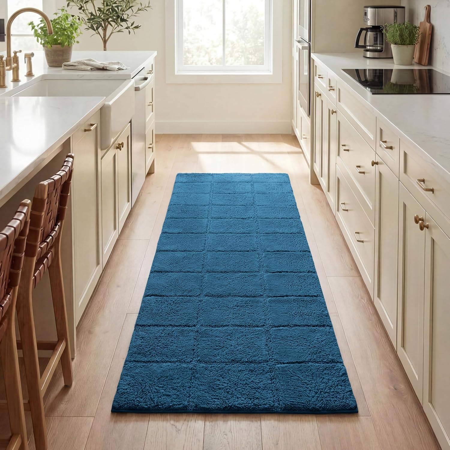 image:imageSuperior Cotton Washable Bath Rug Non Slip Runner 1 Piece Set Sapphire Absorbent Combed Cotton Bath Rug Runner or Rug Set Bathroom Vanity or Kitchen Sink Includes One 2 x 5 Feet Checkered Runner