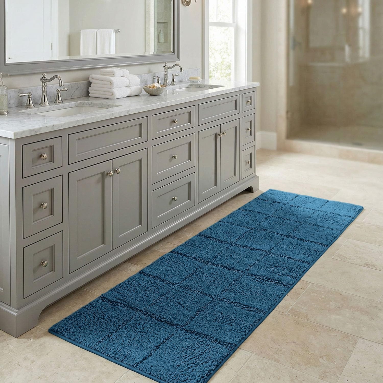 image:imageSuperior Cotton Washable Bath Rug Non Slip Runner 1 Piece Set Sapphire Absorbent Combed Cotton Bath Rug Runner or Rug Set Bathroom Vanity or Kitchen Sink Includes One 2 x 5 Feet Checkered Runner