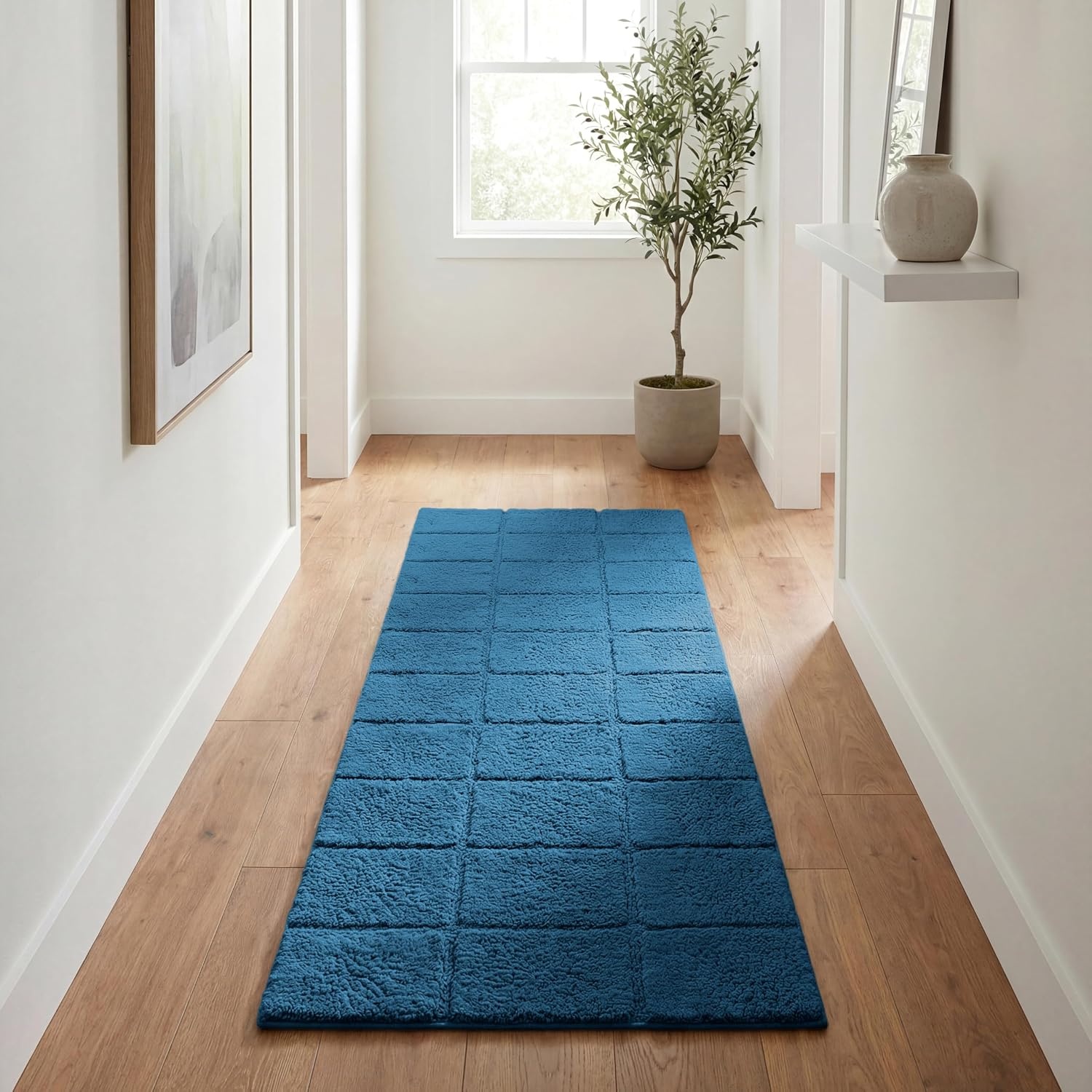 image:imageSuperior Cotton Washable Bath Rug Non Slip Runner 1 Piece Set Sapphire Absorbent Combed Cotton Bath Rug Runner or Rug Set Bathroom Vanity or Kitchen Sink Includes One 2 x 5 Feet Checkered Runner