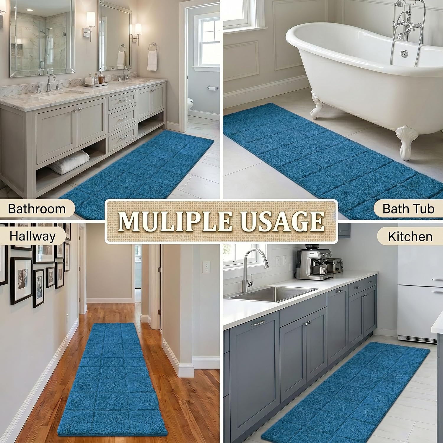 image:imageSuperior Cotton Washable Bath Rug Non Slip Runner 1 Piece Set Sapphire Absorbent Combed Cotton Bath Rug Runner or Rug Set Bathroom Vanity or Kitchen Sink Includes One 2 x 5 Feet Checkered Runner