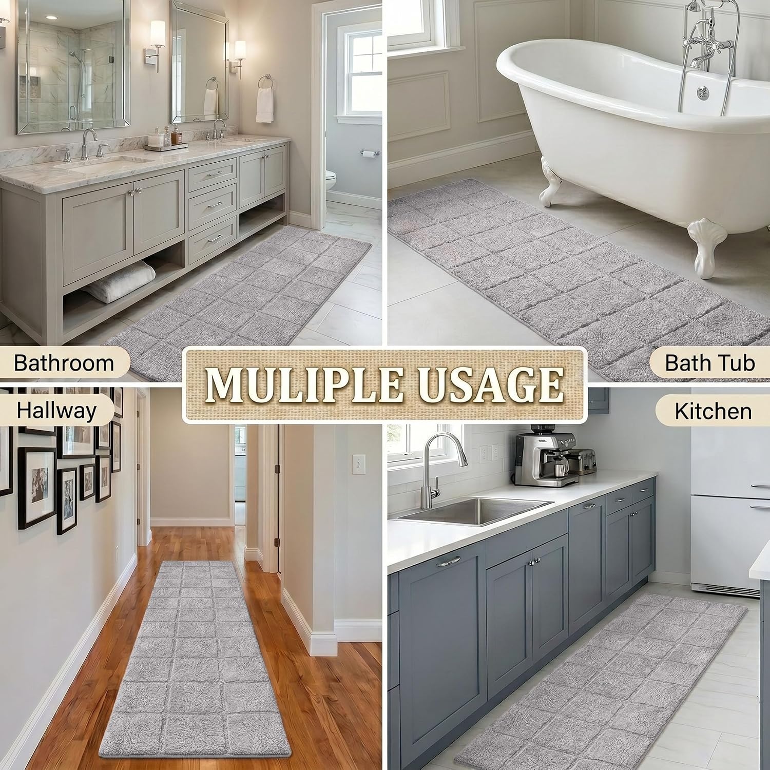 image:imageSuperior Cotton Washable Bath Rug Non Slip Runner 1 Piece Set Silver Absorbent Combed Cotton Bath Rug Runner or Rug Set Bathroom Vanity or Kitchen Sink Includes One 2 x 5 Feet Checkered Runner