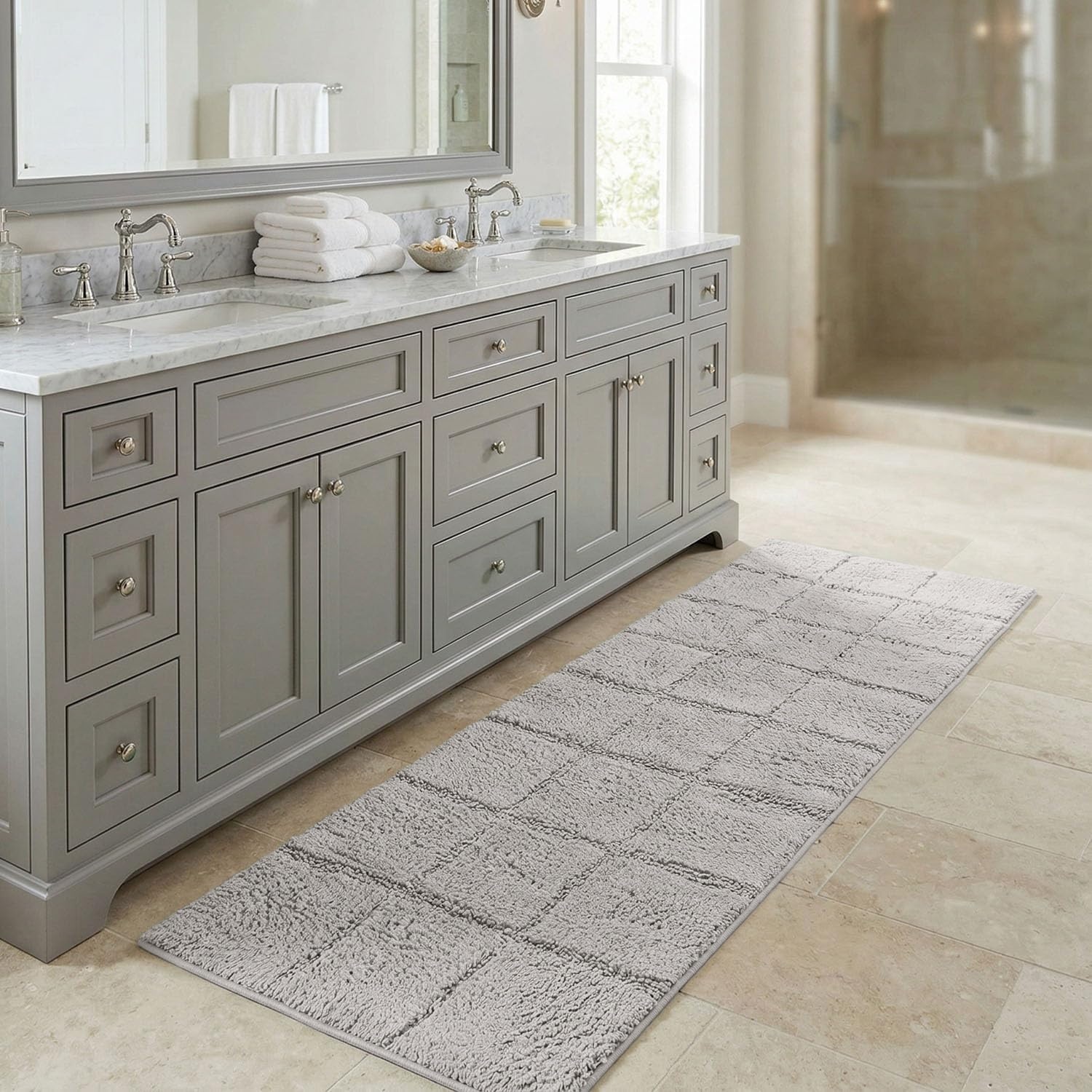 image:imageSuperior Cotton Washable Bath Rug Non Slip Runner 1 Piece Set Silver Absorbent Combed Cotton Bath Rug Runner or Rug Set Bathroom Vanity or Kitchen Sink Includes One 2 x 5 Feet Checkered Runner