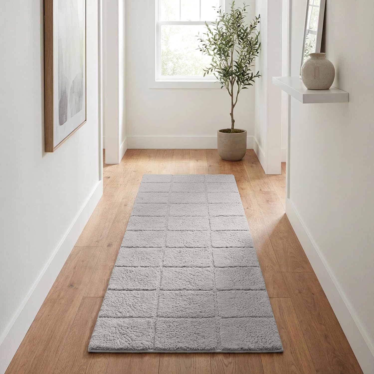image:imageSuperior Cotton Washable Bath Rug Non Slip Runner 1 Piece Set Silver Absorbent Combed Cotton Bath Rug Runner or Rug Set Bathroom Vanity or Kitchen Sink Includes One 2 x 5 Feet Checkered Runner