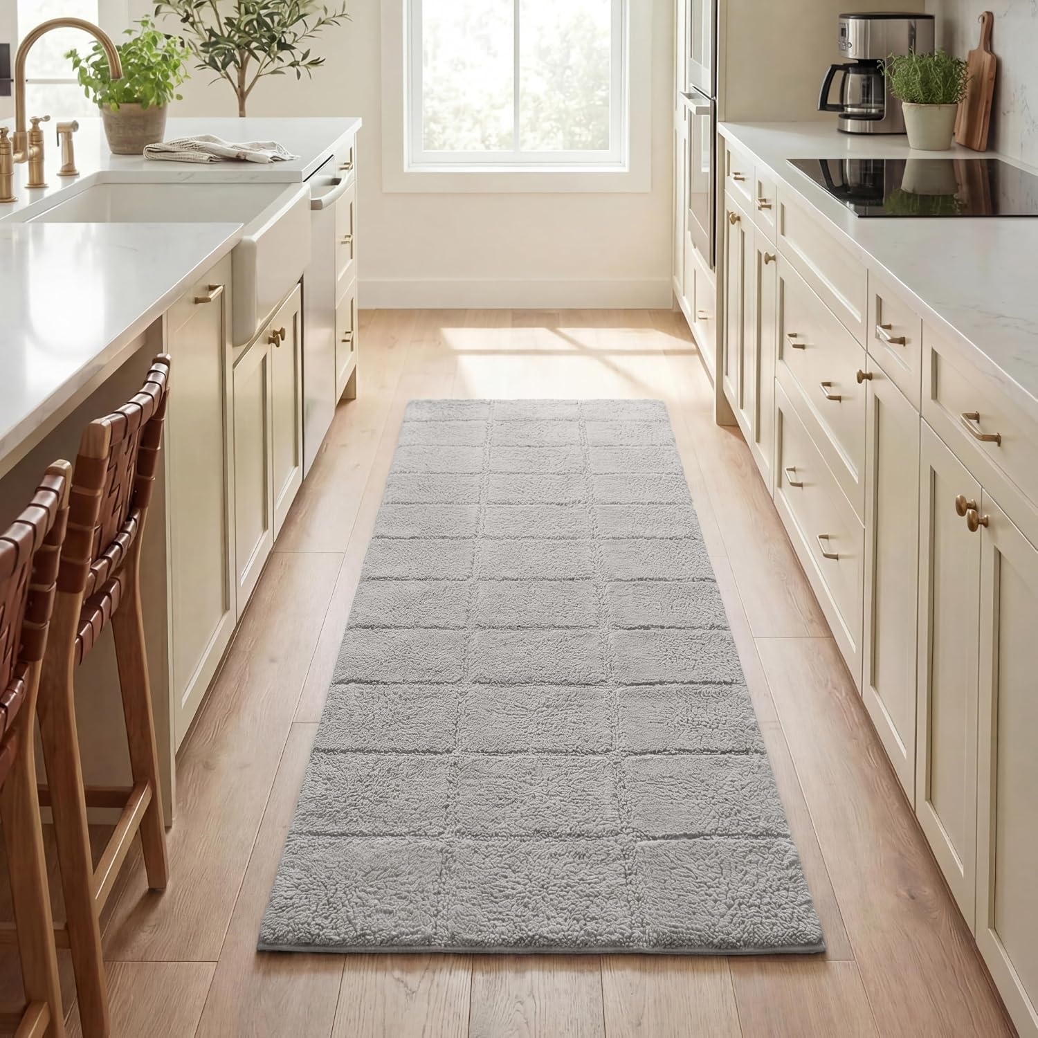 image:imageSuperior Cotton Washable Bath Rug Non Slip Runner 1 Piece Set Silver Absorbent Combed Cotton Bath Rug Runner or Rug Set Bathroom Vanity or Kitchen Sink Includes One 2 x 5 Feet Checkered Runner