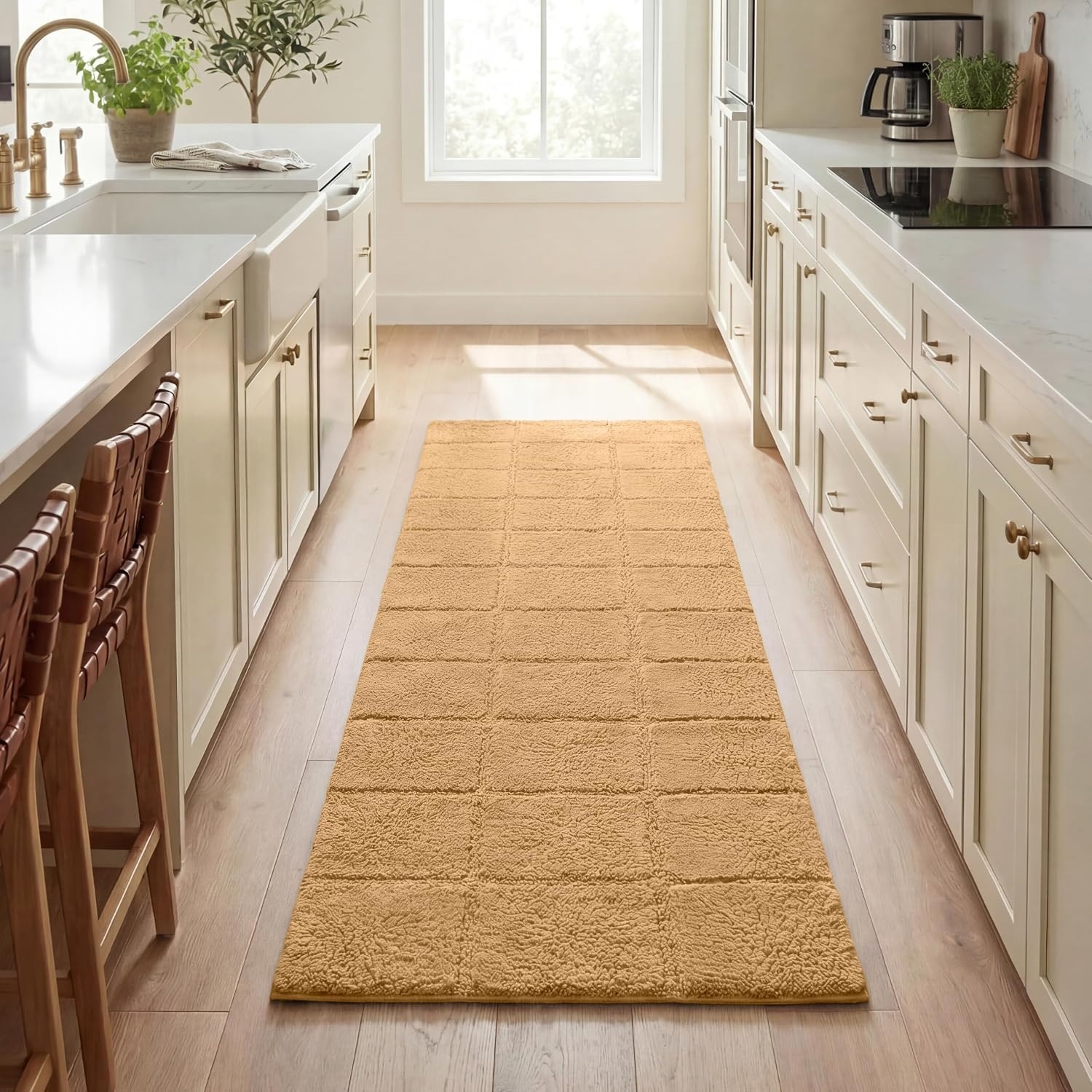 image:imageSuperior Cotton Washable Bath Rug Non Slip Runner 1 Piece Set Toast Absorbent Combed Cotton Bath Rug Runner or Rug Set Bathroom Vanity or Kitchen Sink Includes One 2 x 5 Feet Checkered Runner