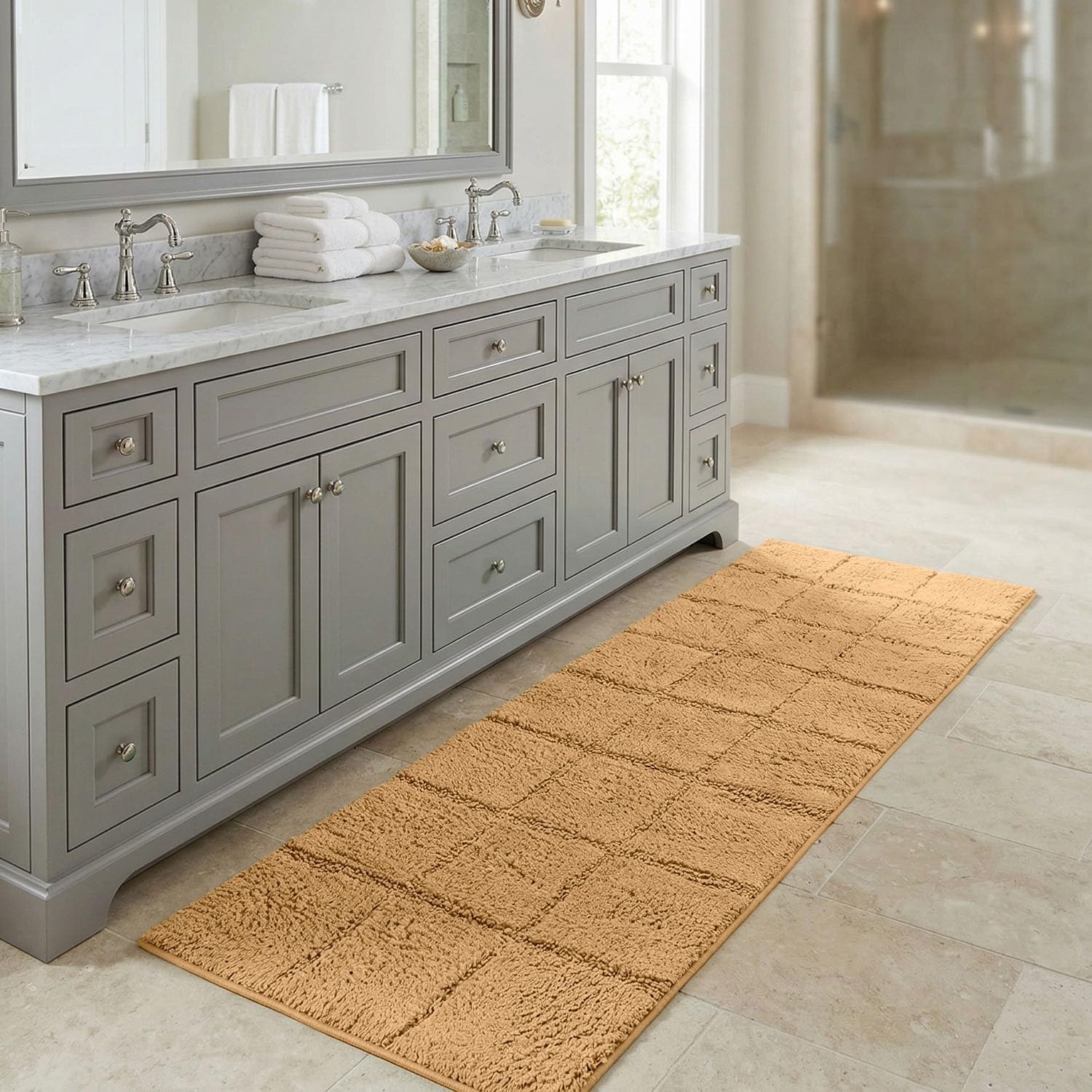 image:imageSuperior Cotton Washable Bath Rug Non Slip Runner 1 Piece Set Toast Absorbent Combed Cotton Bath Rug Runner or Rug Set Bathroom Vanity or Kitchen Sink Includes One 2 x 5 Feet Checkered Runner