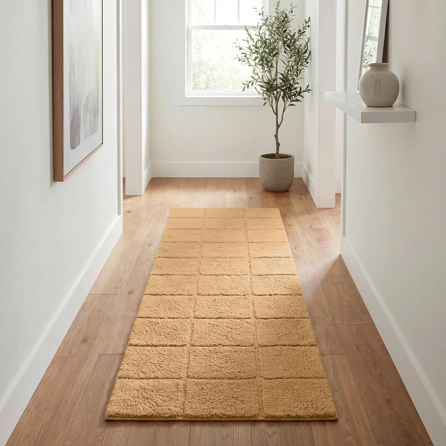 image:imageSuperior Cotton Washable Bath Rug Non Slip Runner 1 Piece Set Toast Absorbent Combed Cotton Bath Rug Runner or Rug Set Bathroom Vanity or Kitchen Sink Includes One 2 x 5 Feet Checkered Runner