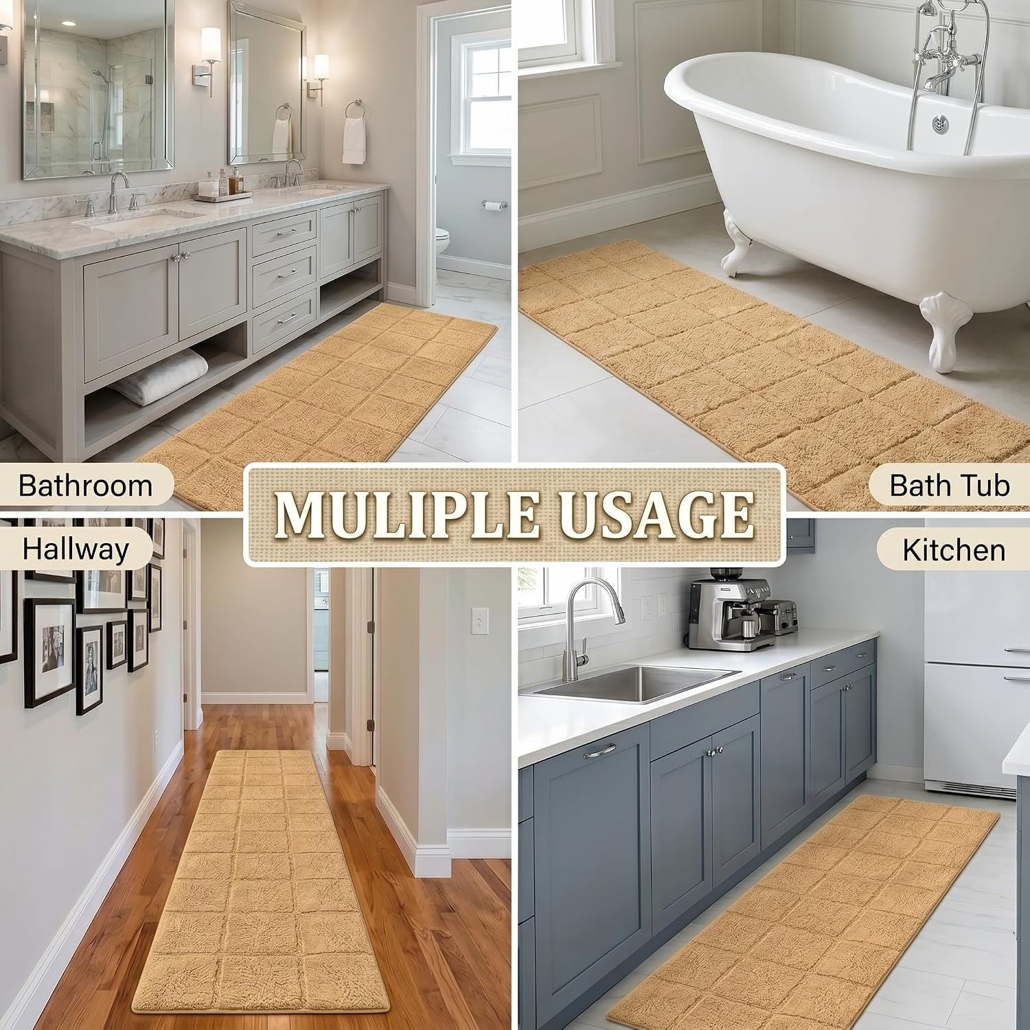 image:imageSuperior Cotton Washable Bath Rug Non Slip Runner 1 Piece Set Toast Absorbent Combed Cotton Bath Rug Runner or Rug Set Bathroom Vanity or Kitchen Sink Includes One 2 x 5 Feet Checkered Runner