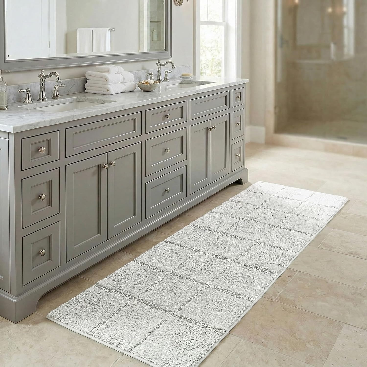 image:imageSuperior Cotton Washable Bath Rug Non Slip Runner 1 Piece Set White Absorbent Combed Cotton Bath Rug Runner or Rug Set Bathroom Vanity or Kitchen Sink Includes One 2 x 5 Feet Checkered Runner