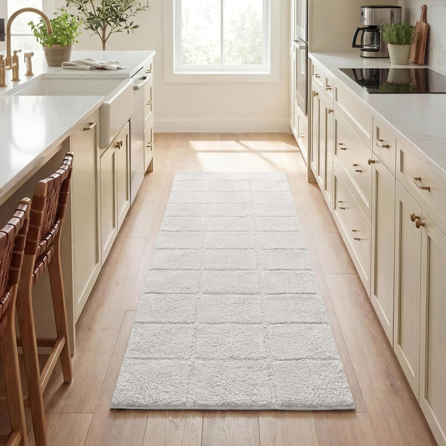 image:imageSuperior Cotton Washable Bath Rug Non Slip Runner 1 Piece Set White Absorbent Combed Cotton Bath Rug Runner or Rug Set Bathroom Vanity or Kitchen Sink Includes One 2 x 5 Feet Checkered Runner