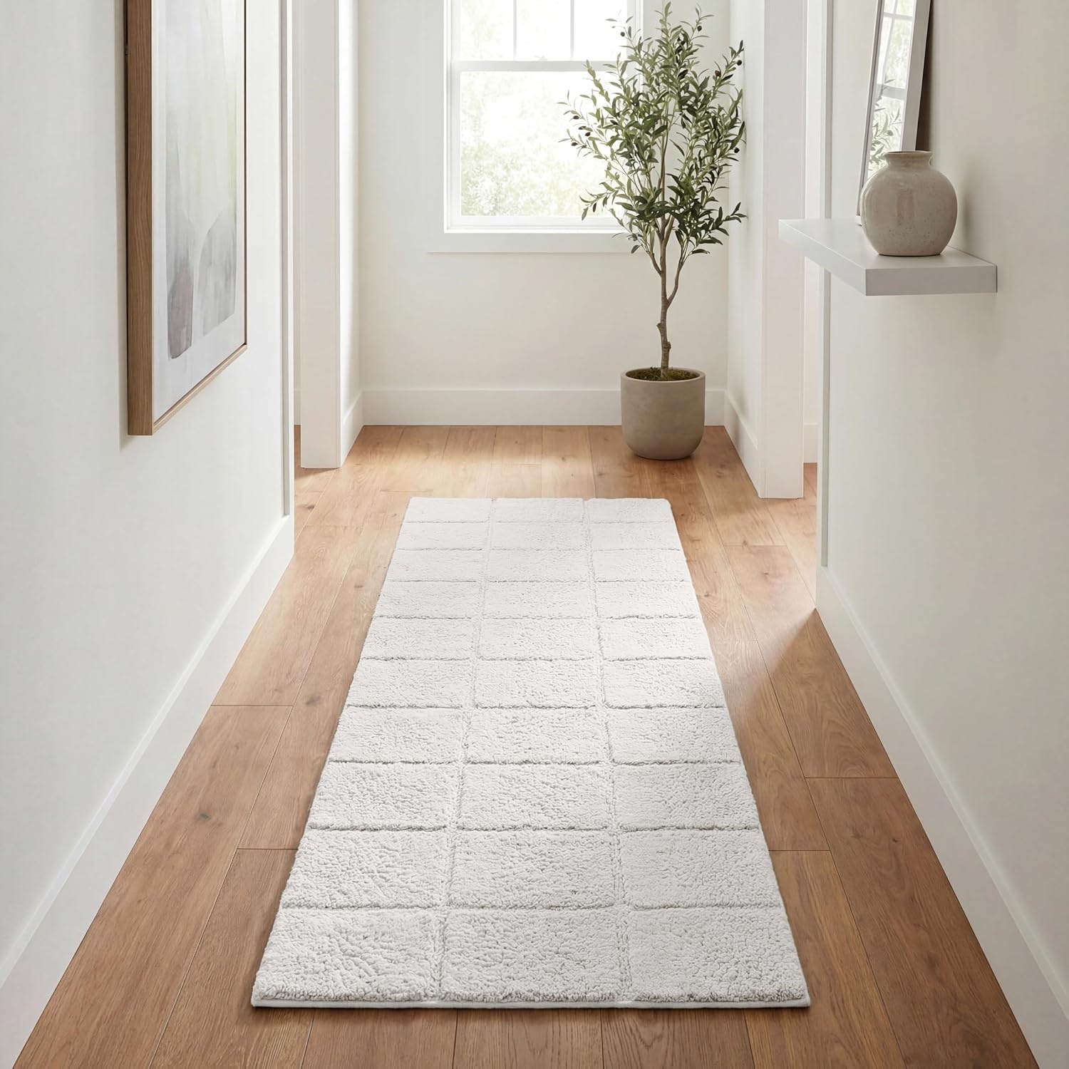 image:imageSuperior Cotton Washable Bath Rug Non Slip Runner 1 Piece Set White Absorbent Combed Cotton Bath Rug Runner or Rug Set Bathroom Vanity or Kitchen Sink Includes One 2 x 5 Feet Checkered Runner