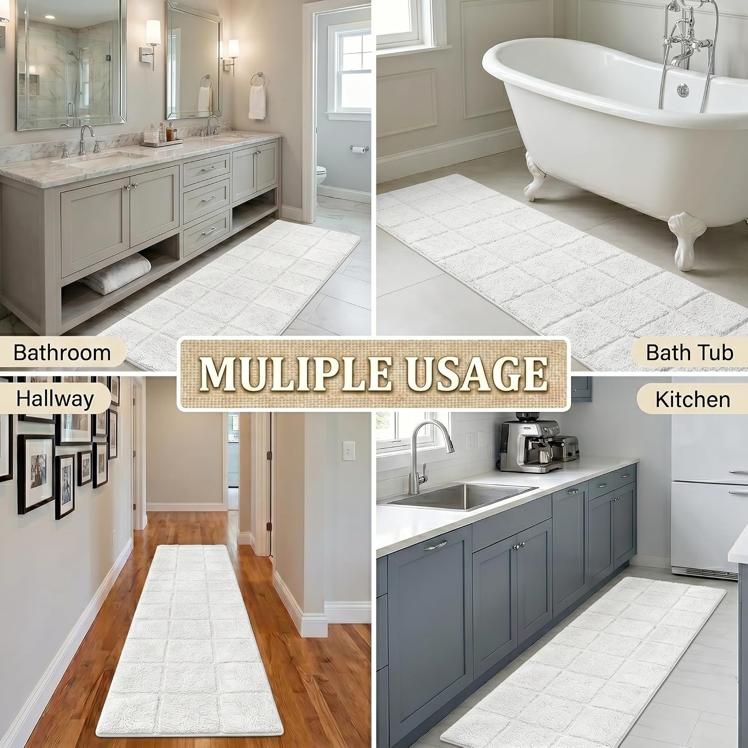 image:imageSuperior Cotton Washable Bath Rug Non Slip Runner 1 Piece Set White Absorbent Combed Cotton Bath Rug Runner or Rug Set Bathroom Vanity or Kitchen Sink Includes One 2 x 5 Feet Checkered Runner
