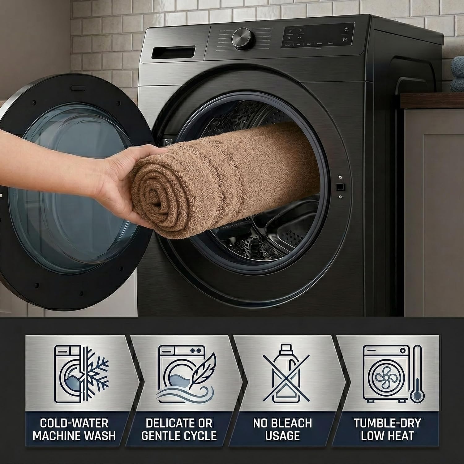 image:imageSuperior Cotton Washable Bath Rug with Runner Bundle Set 3 Piece Latte Non slip Highly Absorbent Solid Design for Double Vanity Tub or Shower Set Includes 1 Small Rug 1 Large Rug 1 Runner