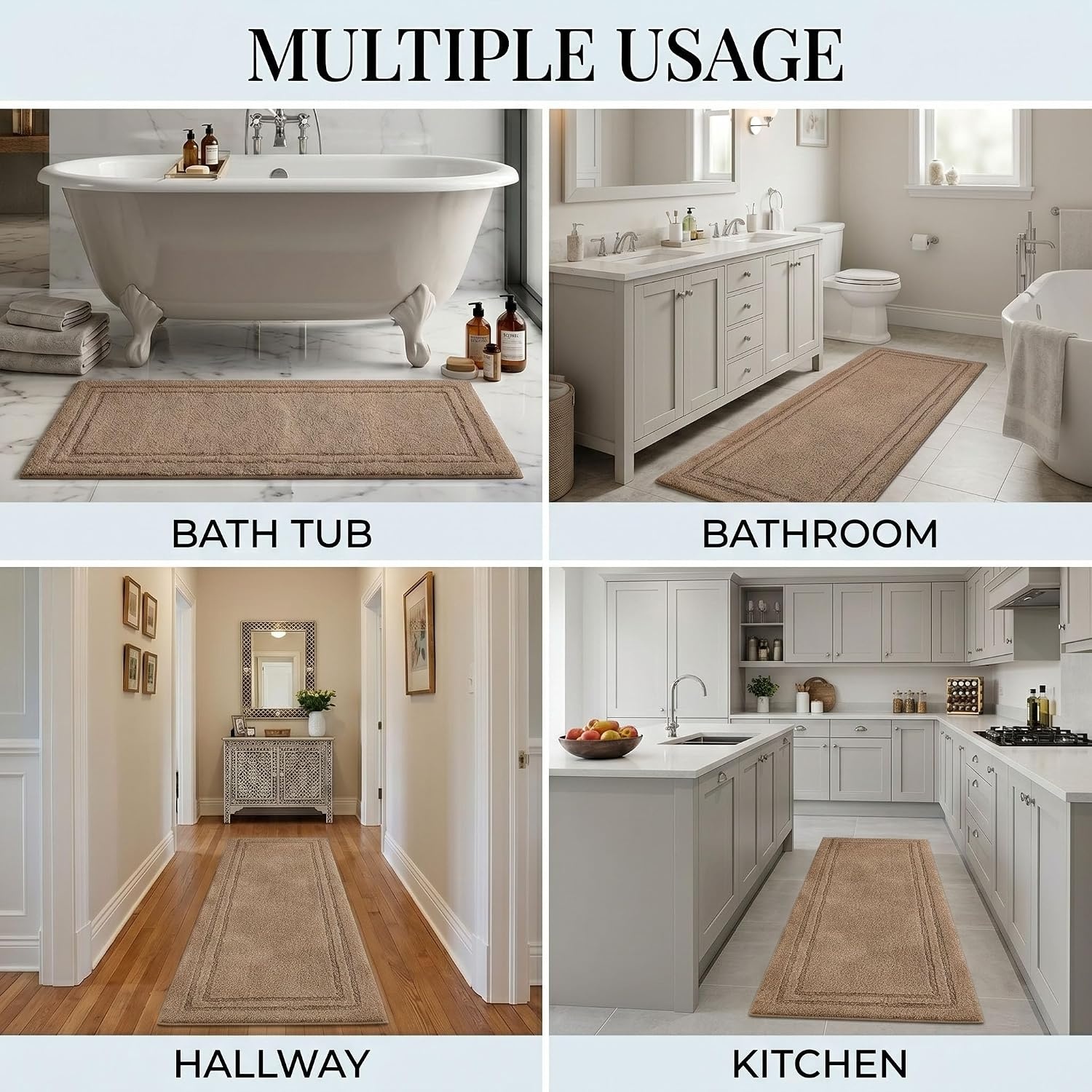 image:imageSuperior Cotton Washable Bath Rug with Runner Bundle Set 3 Piece Latte Non slip Highly Absorbent Solid Design for Double Vanity Tub or Shower Set Includes 1 Small Rug 1 Large Rug 1 Runner