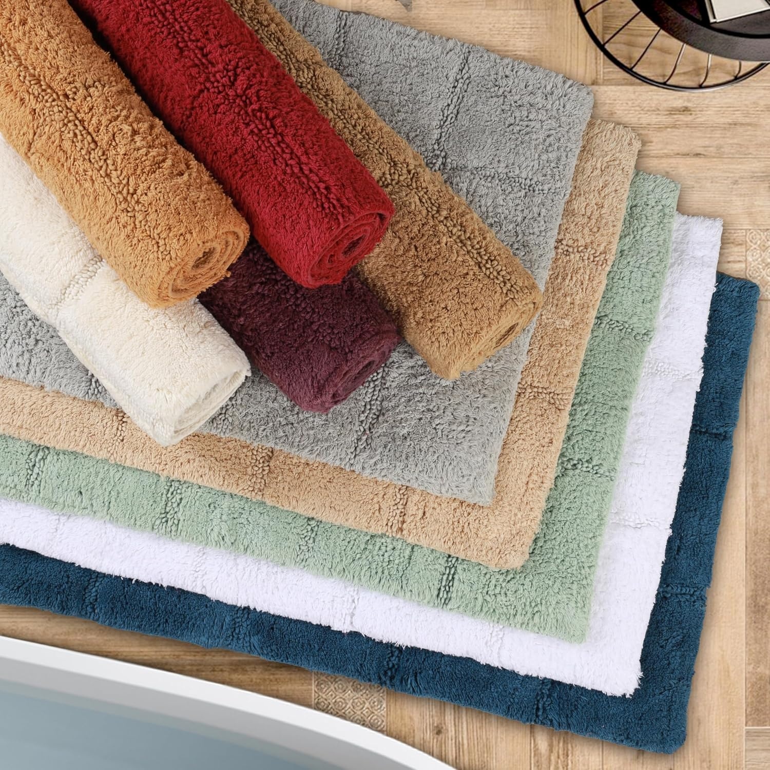 image:imageSuperior Cotton Washable Bath Rug with Runner Bundle Set 3 Piece Rust Non slip Highly Absorbent Checkered Design for Double Vanity Tub or Shower Set Includes 1 Small Rug 1 Large Rug 1 Runner