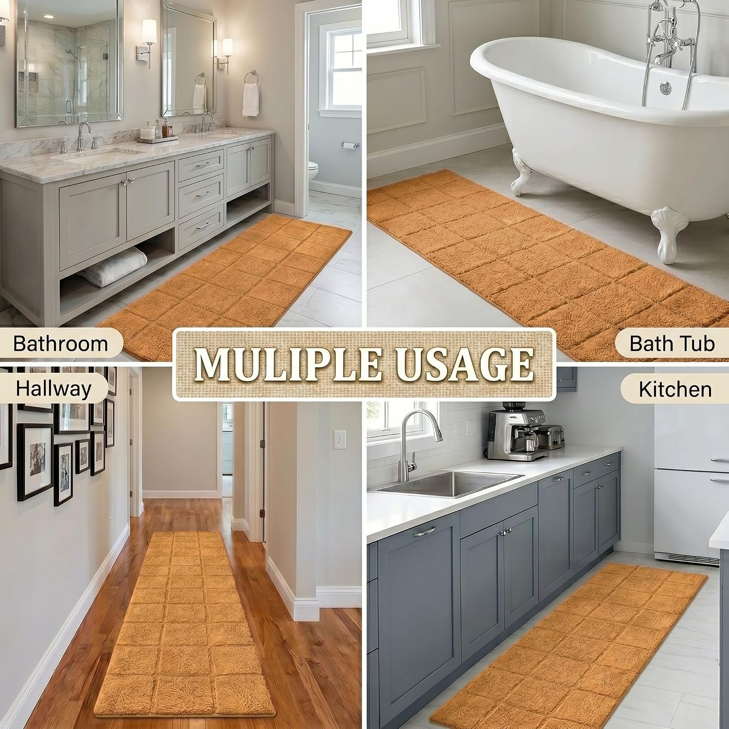 image:imageSuperior Cotton Washable Bath Rug with Runner Bundle Set 3 Piece Rust Non slip Highly Absorbent Checkered Design for Double Vanity Tub or Shower Set Includes 1 Small Rug 1 Large Rug 1 Runner