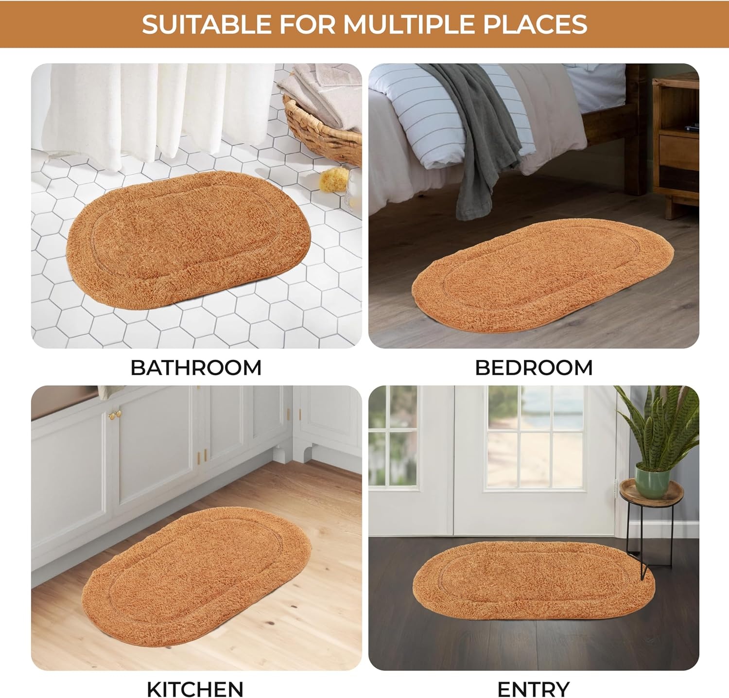 image:imageSuperior Cotton Washable Bath Rug with Runner Bundle Set 3 Piece Rust Non slip Highly Absorbent Oval Design for Double Vanity Tub or Shower Set Includes 1 Small Rug 1 Large Rug 1 Runner
