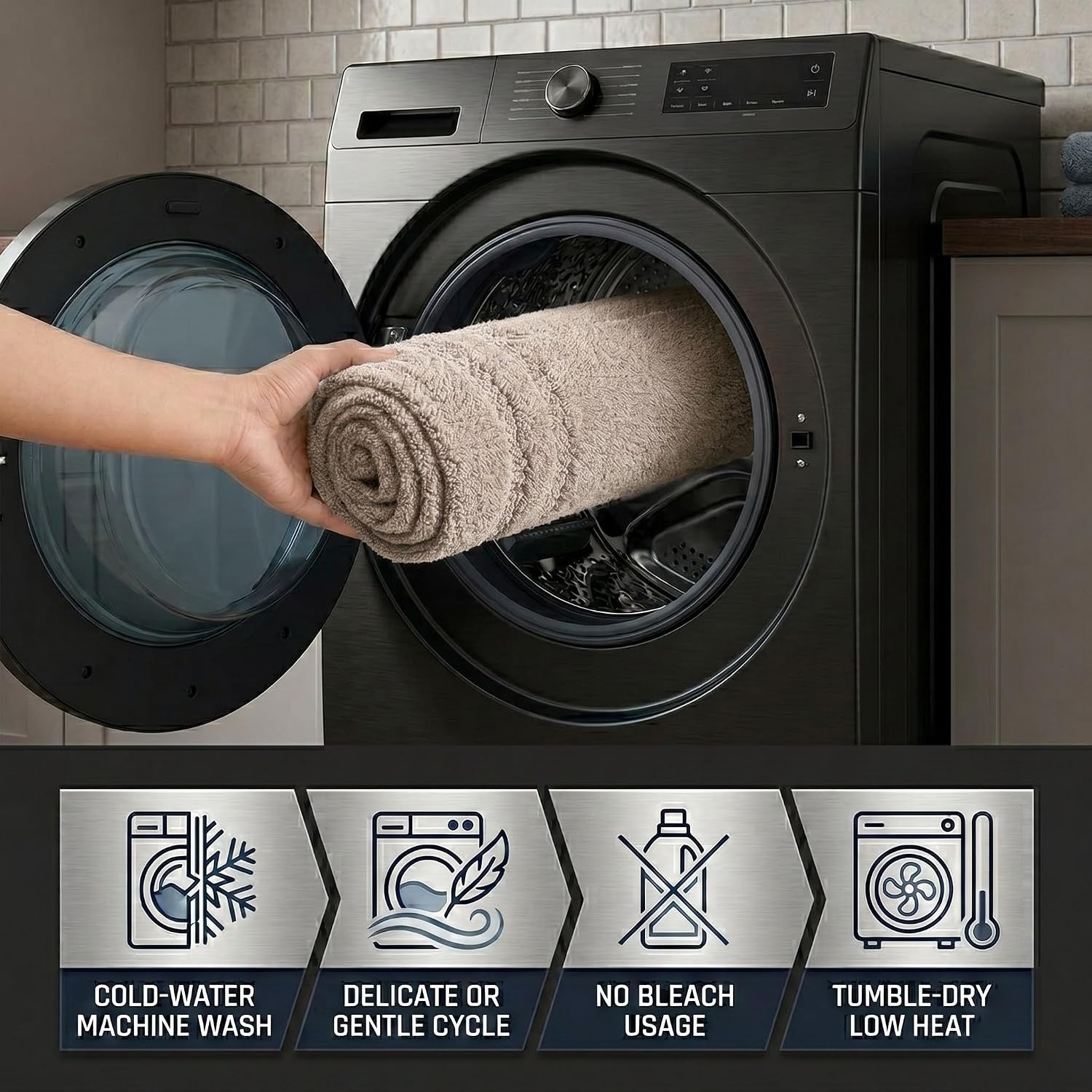 image:imageSuperior Cotton Washable Bath Rug with Runner Bundle Set 3 Piece Stone Non slip Highly Absorbent Solid Design for Double Vanity Tub or Shower Set Includes 1 Small Rug 1 Large Rug 1 Runner